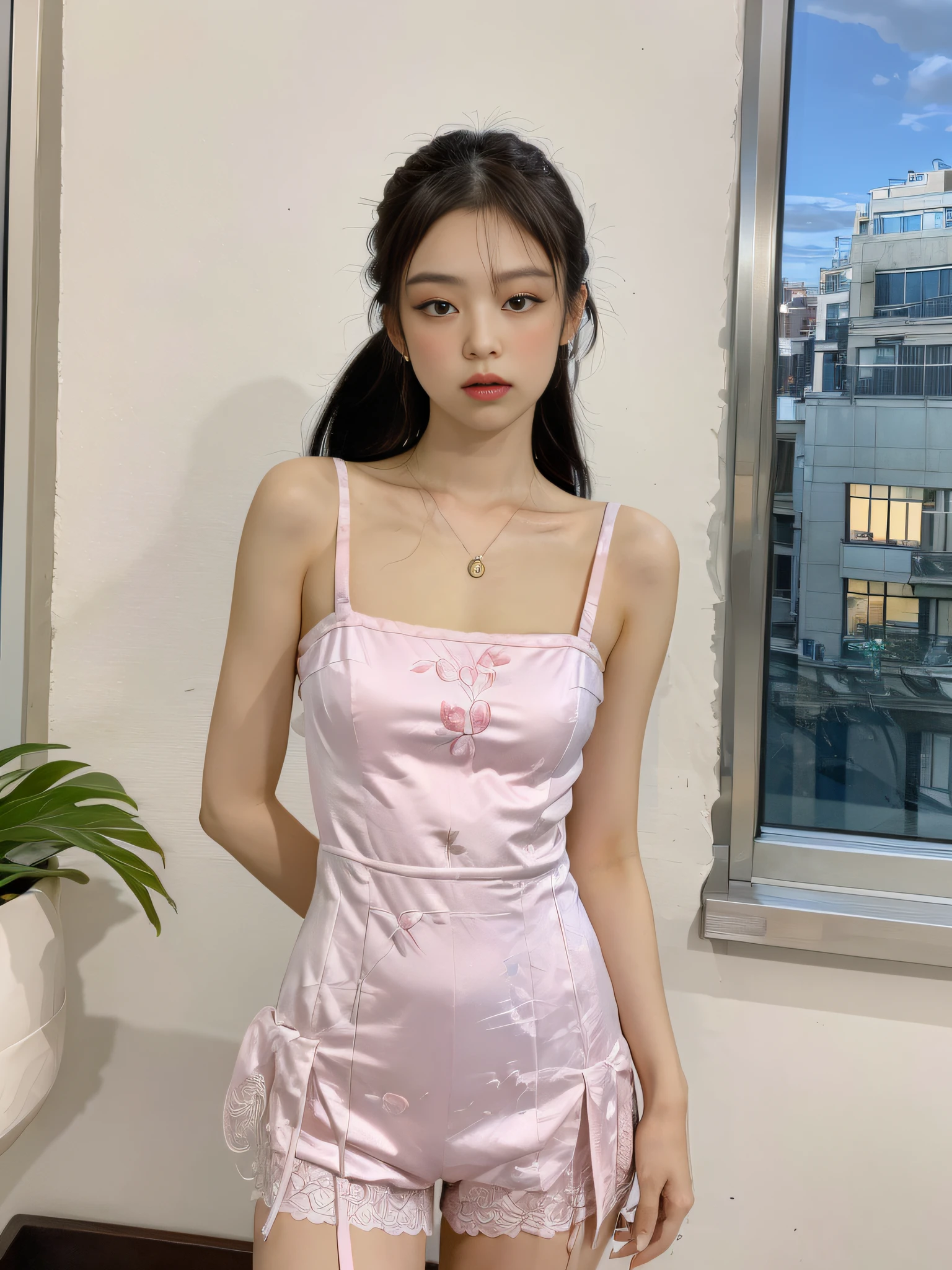 ((Night view, realistic light, best quality, 8k, masterpiece: 1.3)), 1girl, beautiful woman with slender figure, two ponytails, holding a big white doll, wearing pink suspender cheongsam, embroidered small floral pattern, sleeveless, sexy, cleavage, split end, long legs, city night view, window sill, super detailed face, detailed eyes, double eyelids