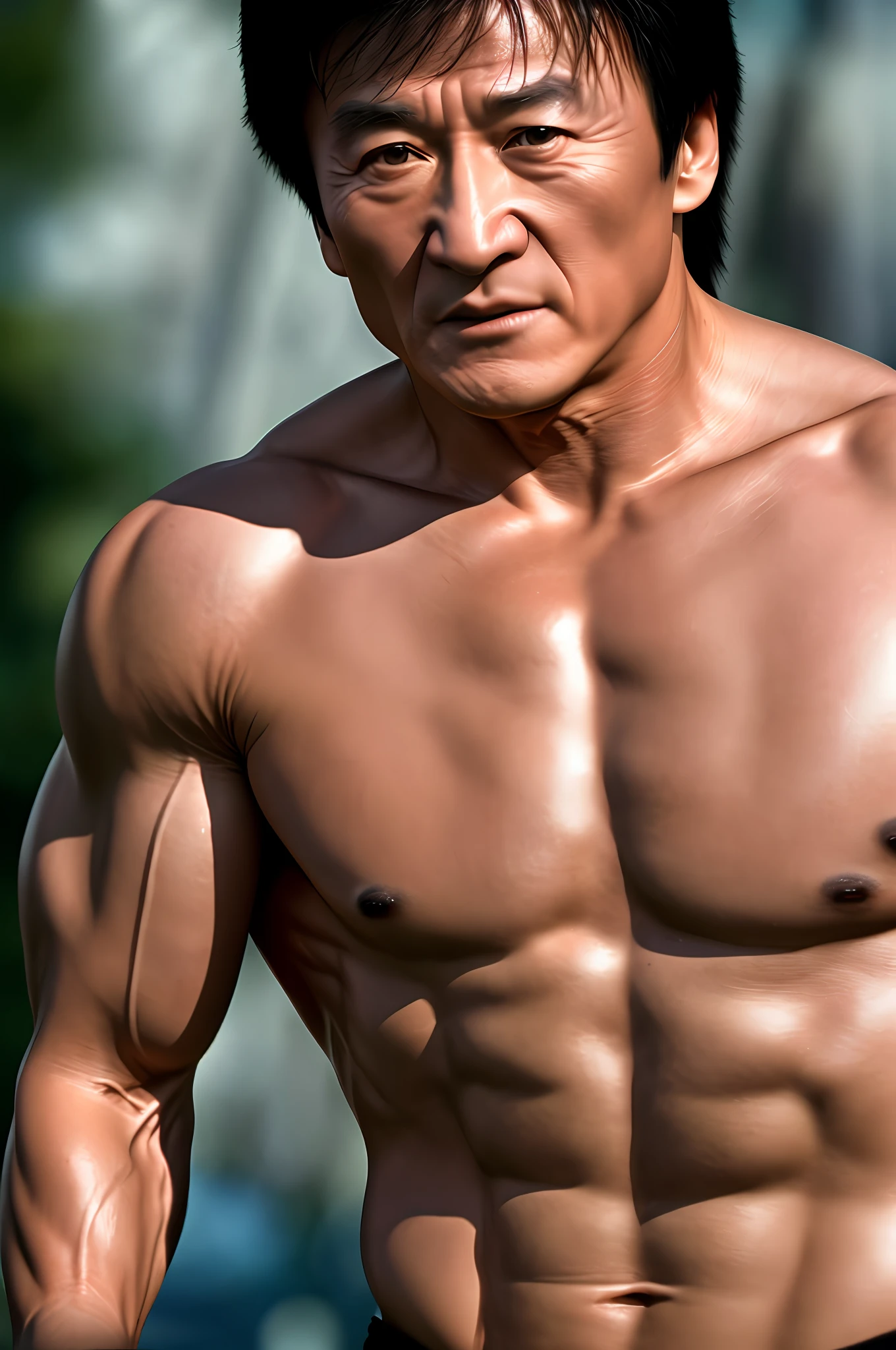 ((realistic photography))) high-resolution, intense close-up of Jackie Chan's full body shirtless, vivid cinema colors, ultra-stunning details", "16k extra-realistic image, great graphics, impressively real, no shirt veins appearing