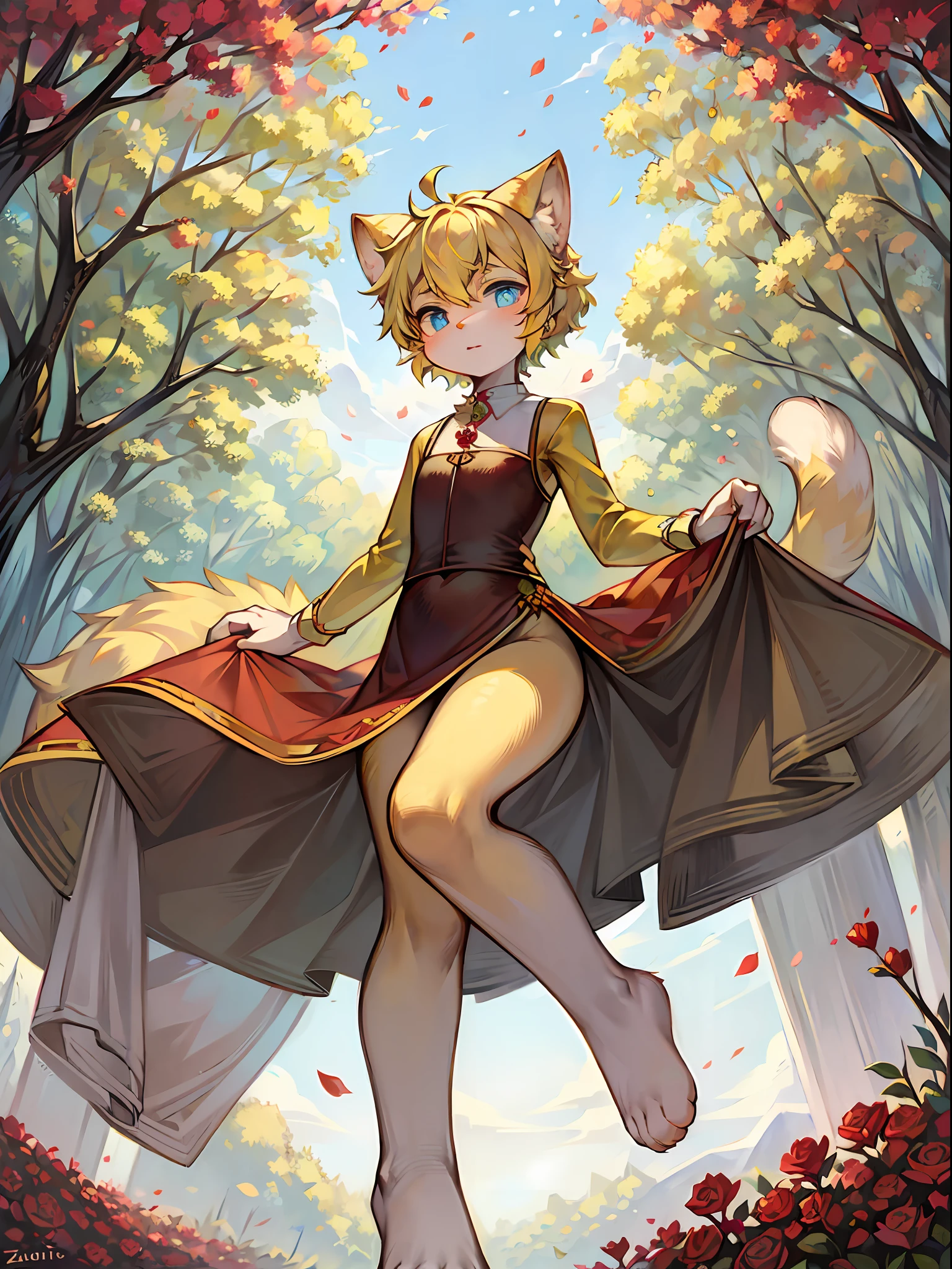 ((Masterpiece)), highest image quality ((furry)), ((pair of yellow cat ears)), ((cat tail)), blue pupils, short hair, leaves, delicate hair, delicate skin, cute, yellow hair, dull hair, delicate eyes, cute beast, rose petals floating in the air, a leaf on the head, Zhengtai, white clouds, forest, sunlight, hair fluttering, garden, masterpiece, wild rose bushes, clover, silly painting style