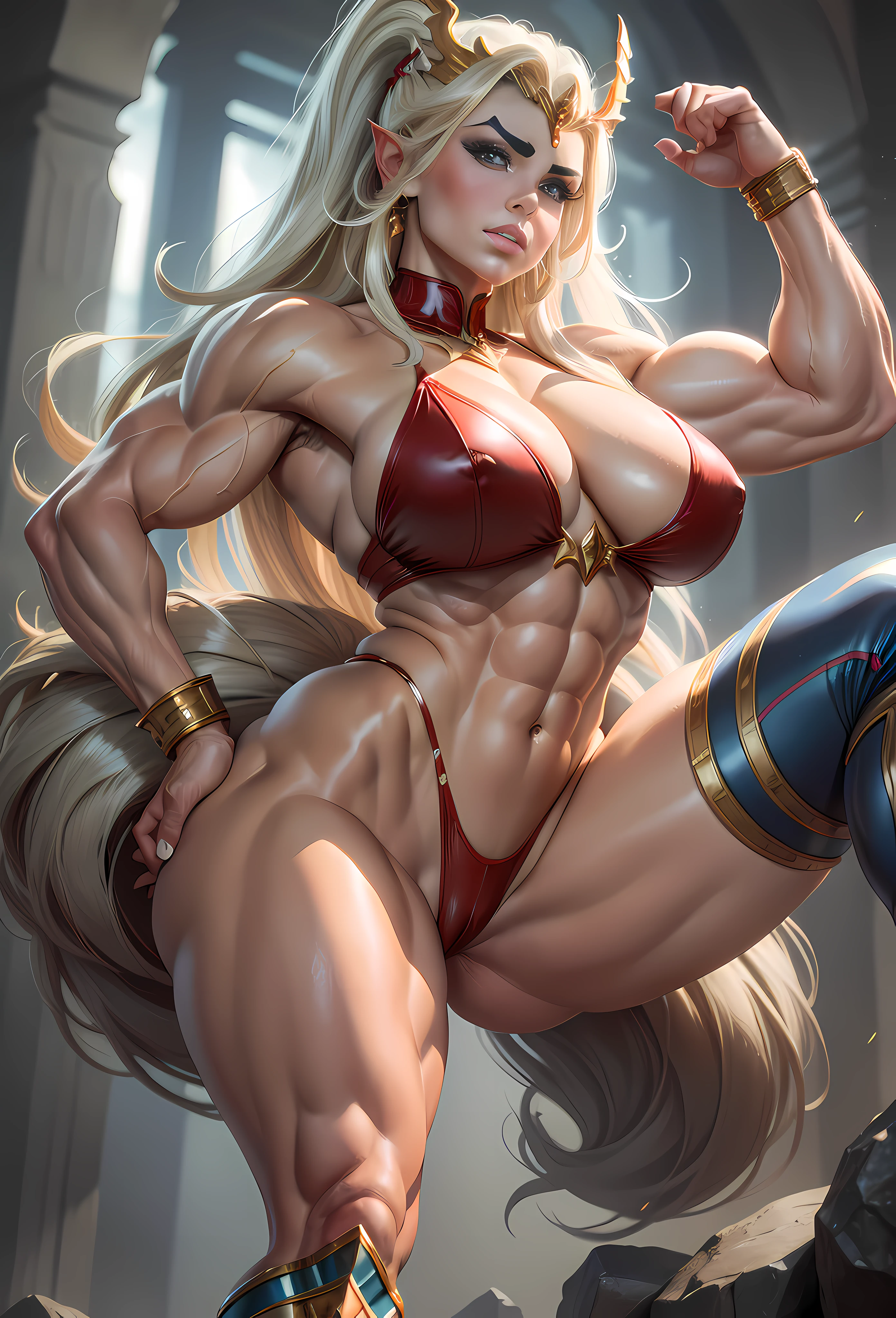 (Masterpiece, ultra detailed: 2.95), (beautiful face: 2), perfect lighting, skin teeth, very beautiful Nordic woman bodybuilder giant muscles with disproportionately giant breasts of thick long legs, (swole muscles: 3.9), (flex: 3), flexing legs, (Sexy She-Ra outfit: 4), full body using up to 5/7 centered image width,