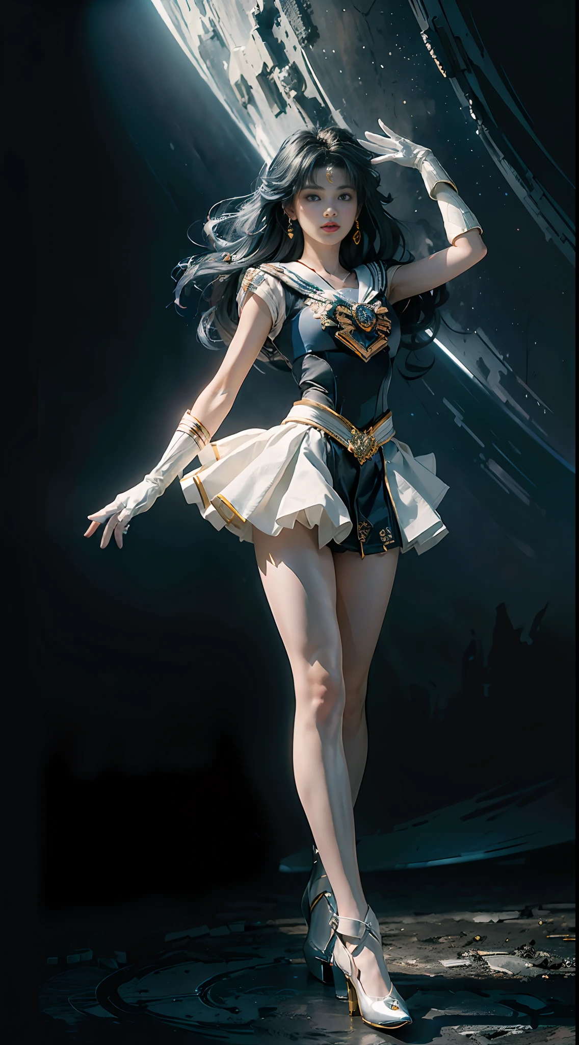 (CG Unity 8K wallpaper with extreme detail, masterpiece, highest quality), (exquisite lighting and shadow, highly dramatic picture, cinematic lens effect), (Sailor Moon: 1.1), double tail, blue eyes, white gloves, mini skirt, dynamic pose), (excellent detail, excellent lighting, wide angle), (excellent rendering and excellent rendering),