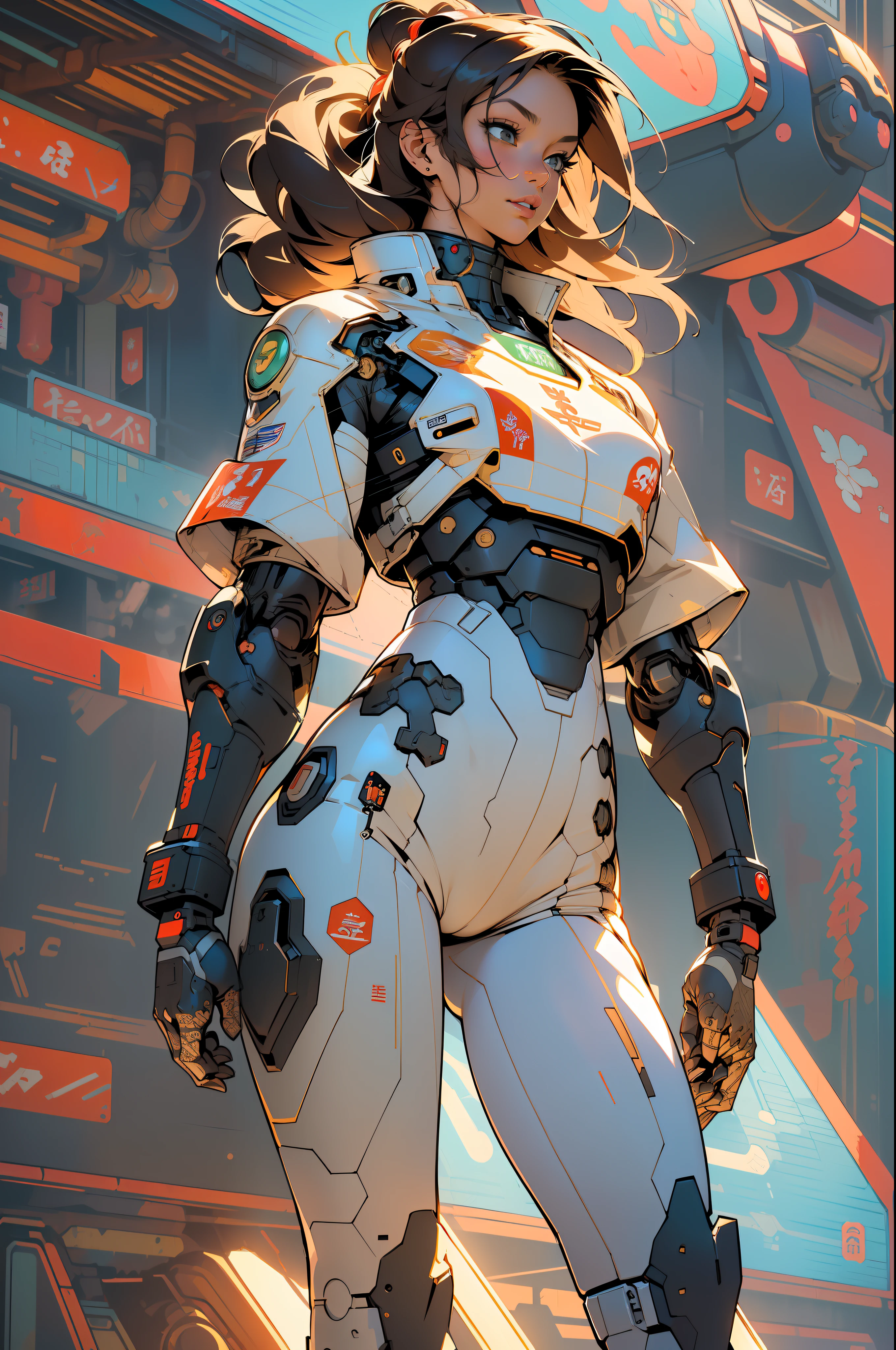 ((Best quality)), ((masterpiece)), (detailed: 1.4), (Absurd), (((full body)), (((woman))), 35-year-old woman, Beautiful muscular woman, giant robot pilot, wild with perfect body, wearing little clothing, tiny thong, clothing with Japanese graphic patterns, halftone pattern and vertical stripes, earth tone, coming out of the body of a giant robot
