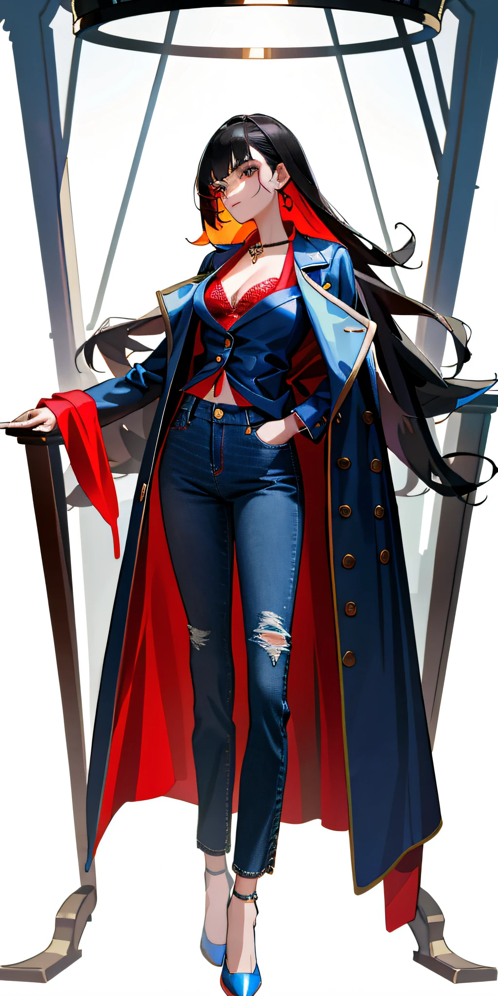 Masterpiece, best quality, women's upper transparent coat, red bra, blue jeans at the bottom, black high heels,