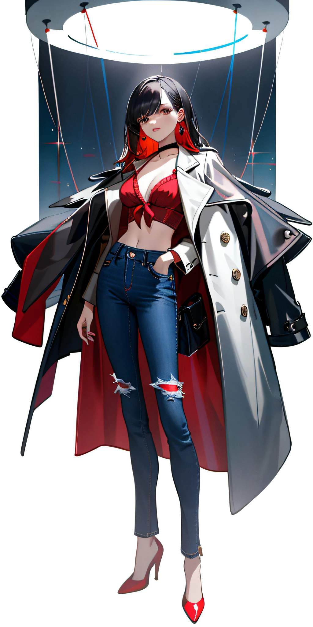 Masterpiece, best quality, women's upper transparent coat, red bra, blue jeans at the bottom, black high heels,