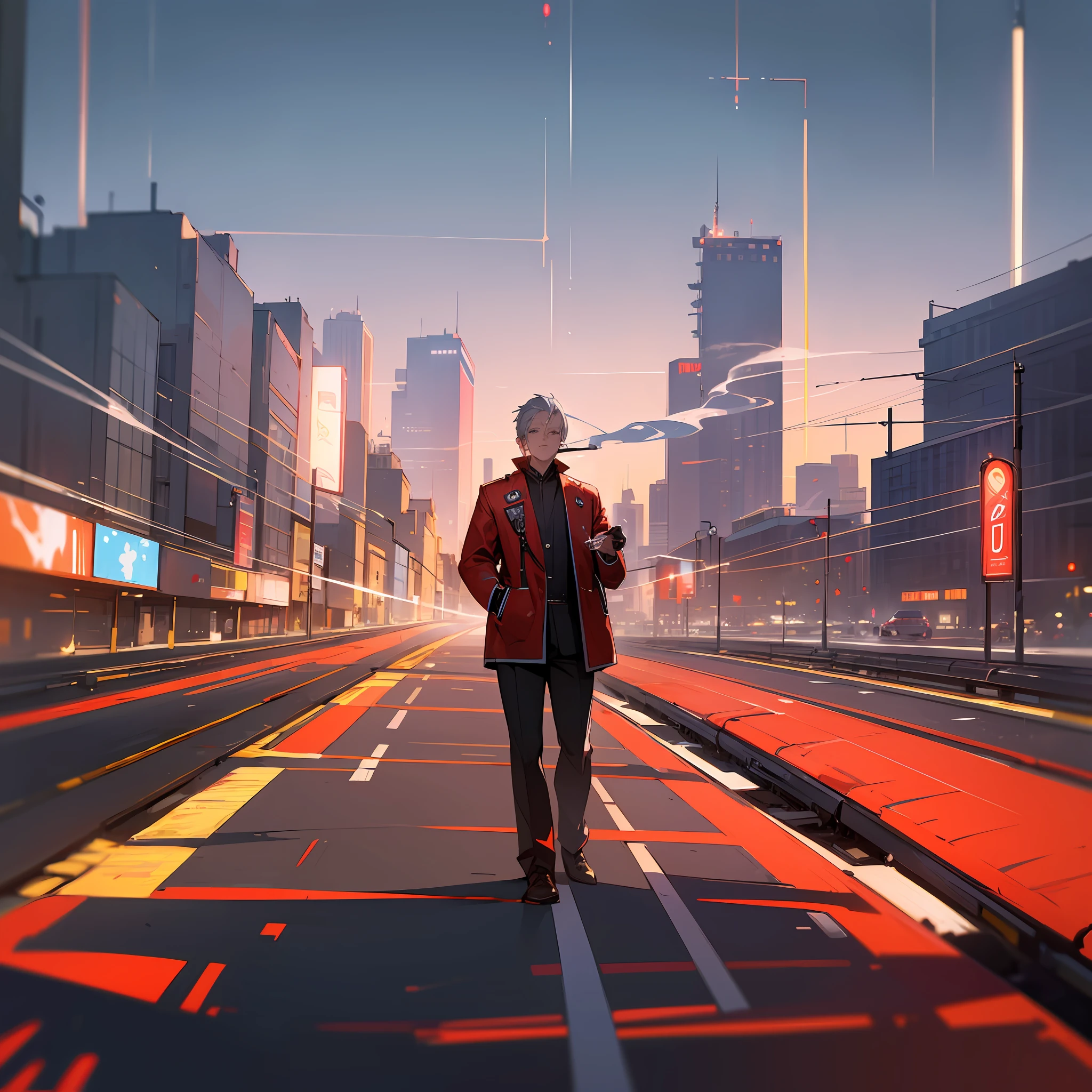 masterpiece, best quality, high quality, extremely detailed CG unit 8k wallpaper a beautiful landscape paiting oil, award-winning photography, Bokeh, depth of field. Tokio futuristic man in red jacket smoking --auto --s2