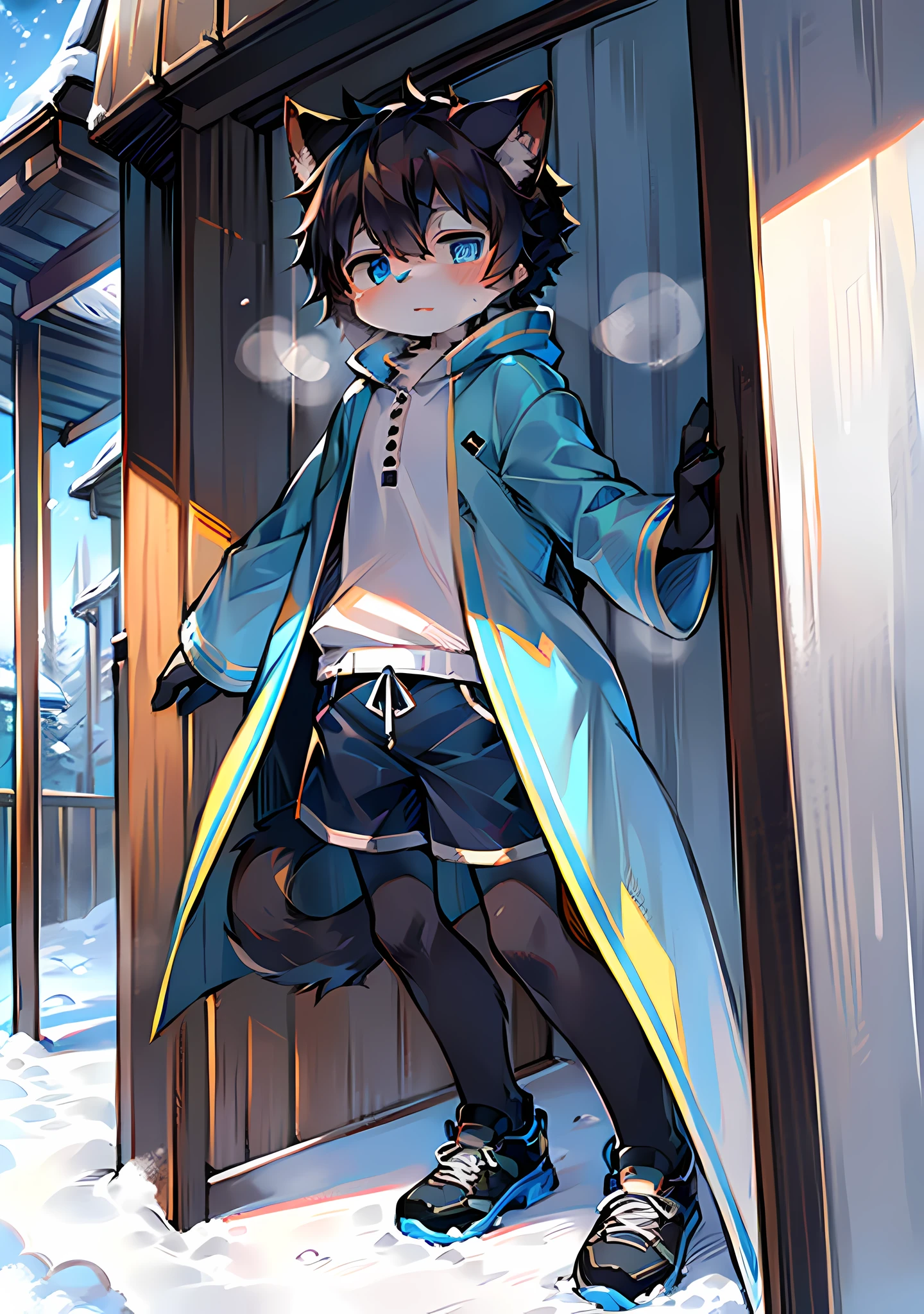 (Snow Environment: 0.8), Masterpiece, High Quality, Abstract Res, Digital Painting\(Artwork\), by Dagasi, Yupa, Kiyosan, (Anthro, Fluffy Fur, Character Focus: 1.1), Anthro Male Cat, Short Hair, Portrait , bright eyes, panorama, character focus. ( Solo, Furry, Furry Male, Cat, Black Fur, Gray Pattern, Blue Coat, Fluffy Shorts, Blue Eyes, Black Hair, Shoes, Wide Coat, White Shirt, Introvert, Silence,