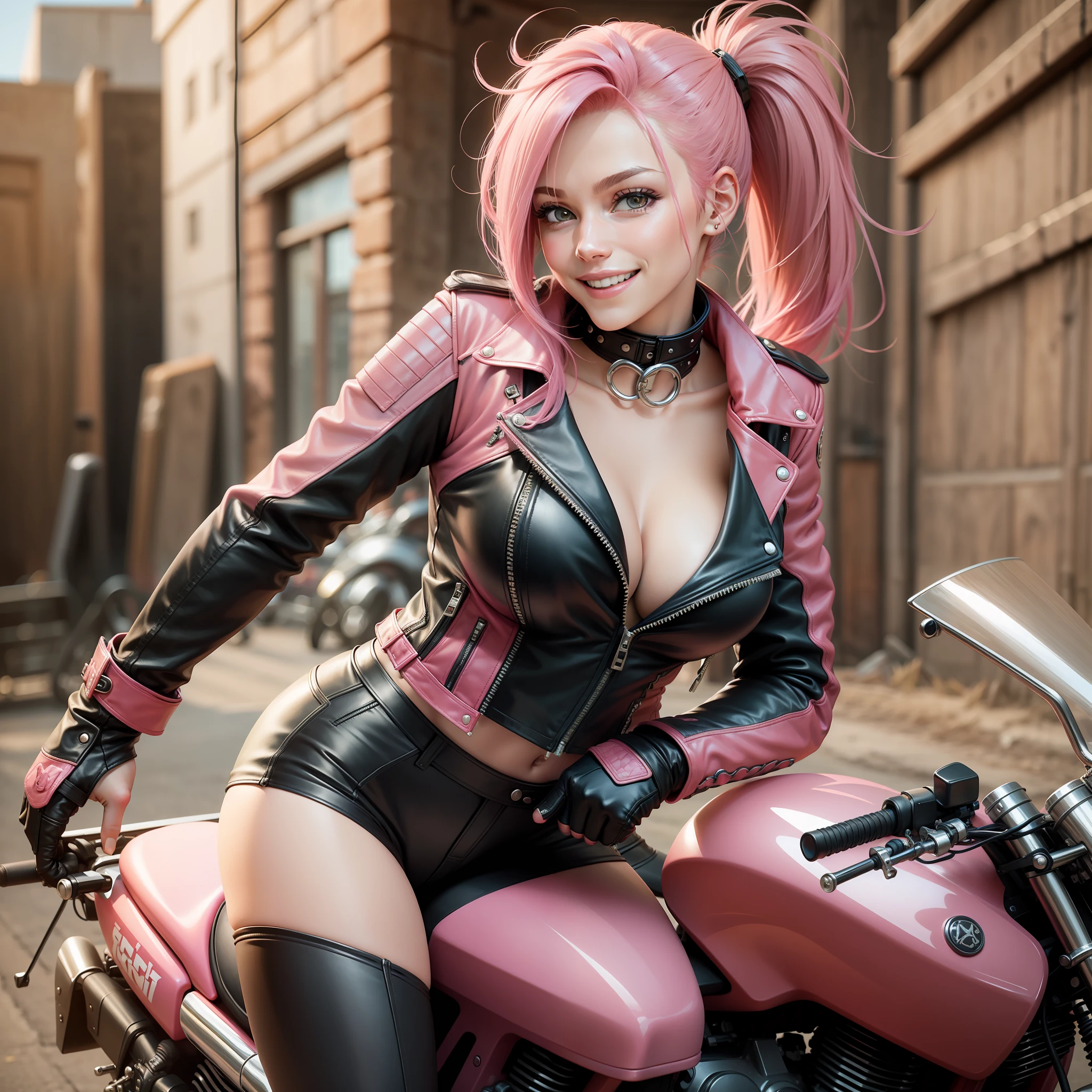 Girl naked leather jacket smiling top quality motorcycle masterpiece pink hair big tits ponytail