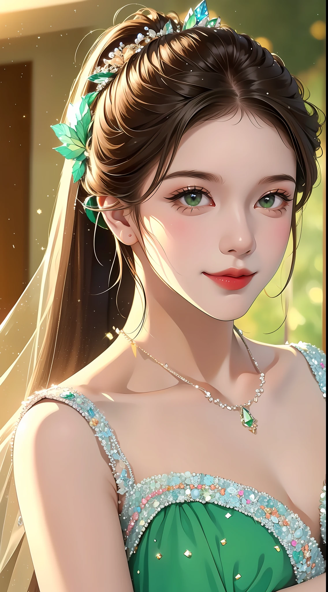 Real, realistic, 1 girl, morning, movie lights, looking at the audience, interior, smiling, green delicate dress shining crystal, crystal necklace, double ponytail, long brown hair fluttering
