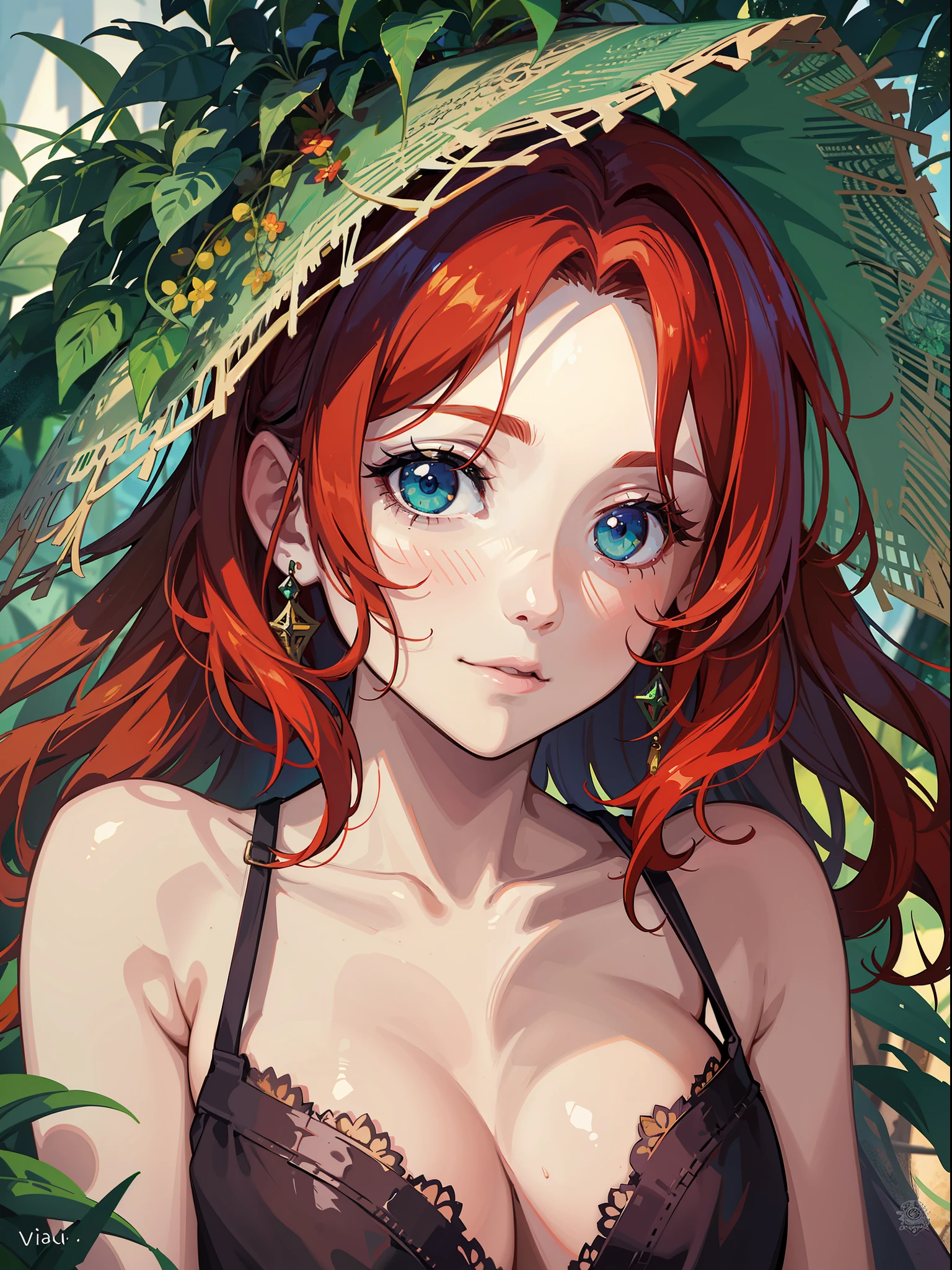 cute girl, sucubus, in love,vivid eyes, green eyes, smilling, alone, night, gorgeous, intimate, messy hair, digital art, in a hut masterpiece, high details, modern, red hair, intricate, perfect face, traced lights, peace, (sensual), embarassed, misteryous