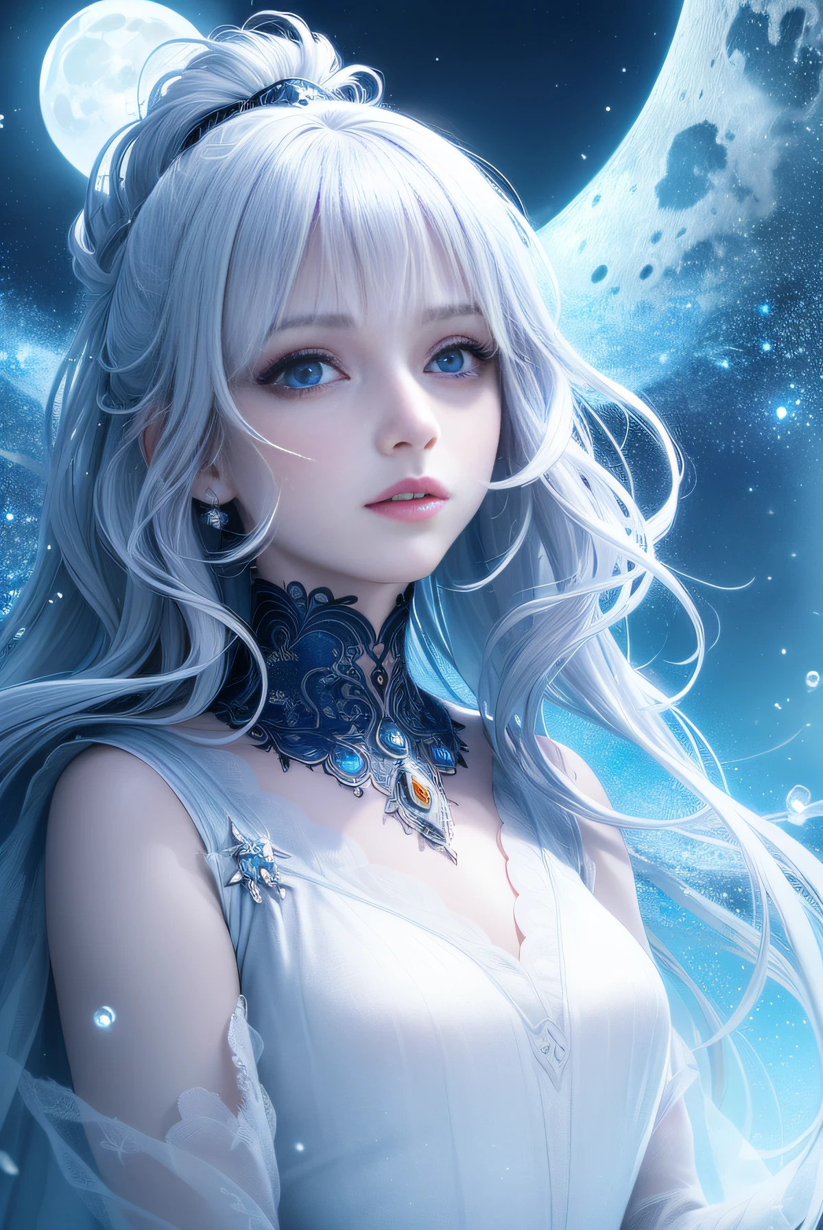 masterpiece, (best quality:1.2), (ultra-detailed:1.2), illustration, (an extremely delicate and beautiful:1.2),cinematic angle,floating, (beautiful detailed eyes:1.1), (detailed light:1.1),cinematic lighting, beautifully detailed sky, women, white hair, blue eyes, (high ponytail:1.1), cloak, glowing eyes, (moon:1.2), (moonlight:1.1), starry sky, (lighting particle:1.1), fog, snow painting, sketch, bloom