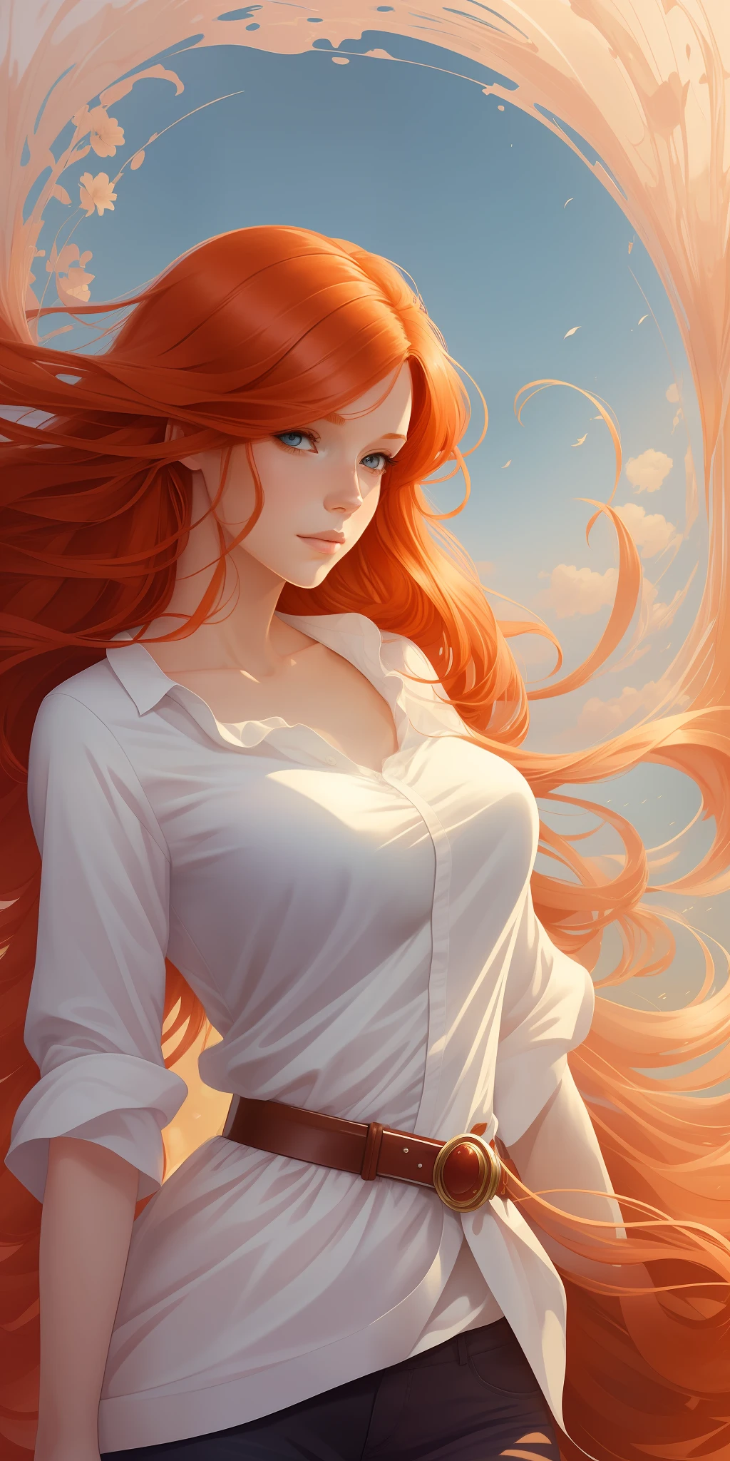 High resolution,best 8k,Painting of a woman with red hair and a white shirt, Lois Van Rossdraws, loose ginger hair, loish and wlop, wavy ginger hair, exquisite digital illustration, Moebius + loish + wlop, wlop loish style and clamp, beautiful character painting, beautiful digital illustration, Artgerm and James Jean, stunning digital illustration, flowing orange hair