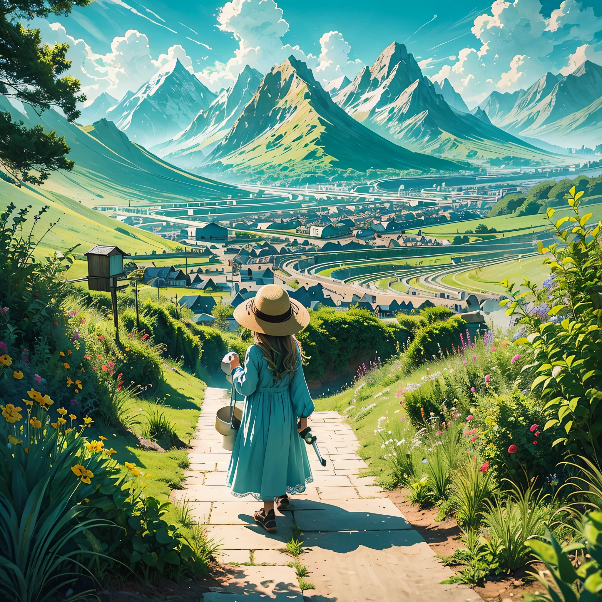 Little girl in long dress watering the plant every day with love and in the background a beautiful landscape of mountains bright colors beautiful design --auto --s2