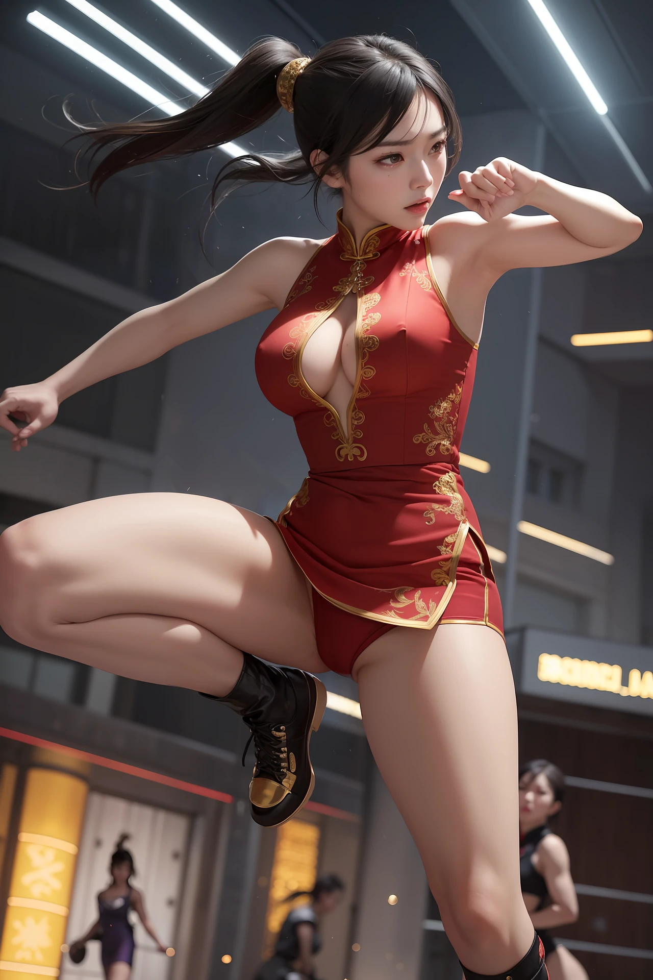The image depicts Chun-Li in a red sheer fabric Cheongsam with gold detailed embroidery accents and short skirt that allows freedom of movement for its powerful kicks. She also wears white socks and boots, further enhancing her sleek appearance. (((erect nipple))), ((areolas)), (Korean(kpop idol)), ((puffy eyes)), powerful Street Fighter fighters, in a dynamic and intense confrontation. fighters are immersed in a dynamic pose. displaying her agility and dexterity. She swings her leg back, bracing herself for a precise kick. Her long black hair floats in the wind, giving her an imposing appearance. The image is set in a nighttime urban setting, with neon-lit streets and tall buildings in the background. The bright lights cast dramatic shadows over the fighters, highlighting their tense muscles and determined expressions. Sparks and motion effects add a touch of dynamism to the scene, capturing the energy of confrontation. (nsfw:1.125)