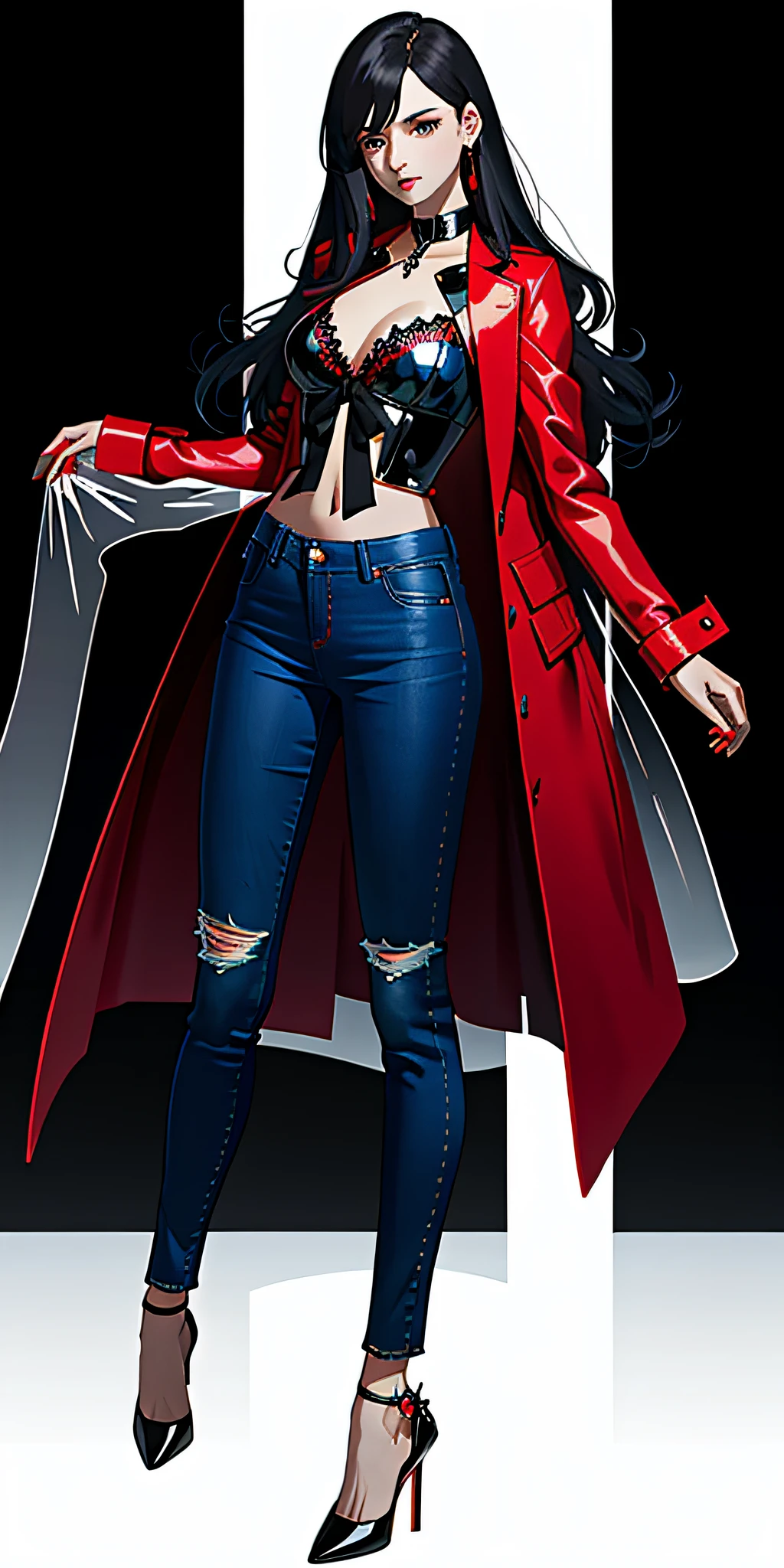 Masterpiece, best quality, woman upper transparent coat, red bra, blue jeans on the bottom, black high heels, full figure