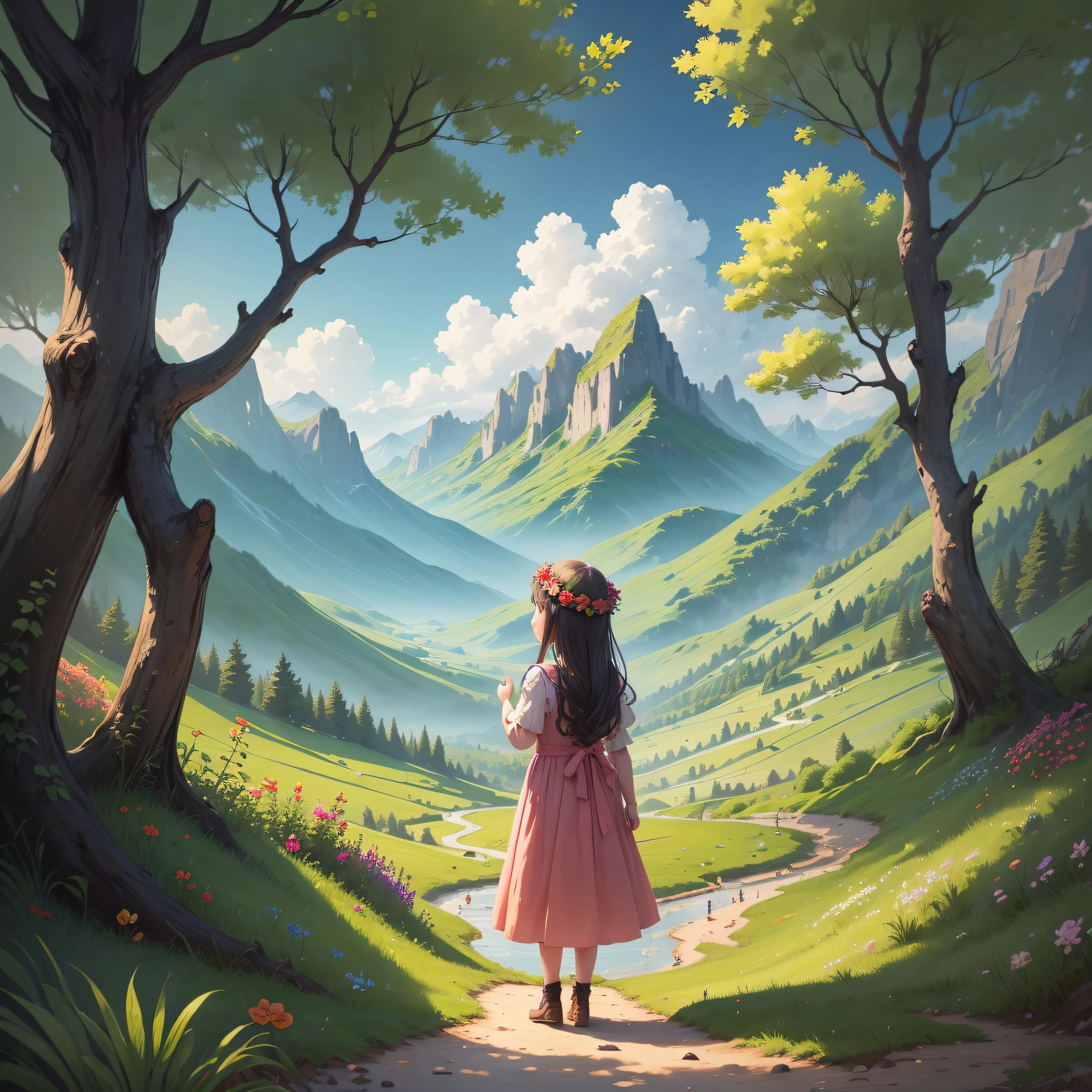 Little girl with long dress watching her little plant grow and become a beautiful tree with very delicious fruits and in the background a beautiful landscape of mountains bright colors beautiful design --auto --s2