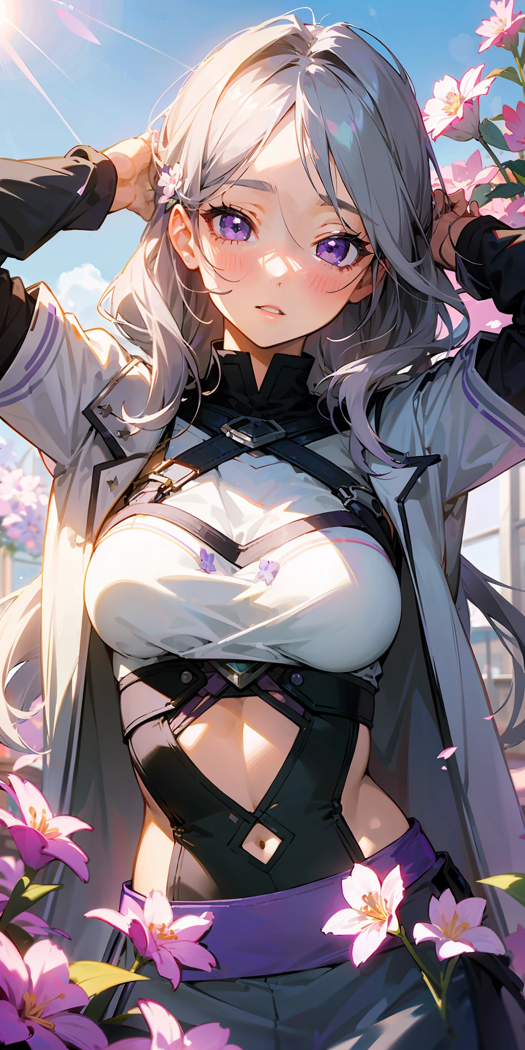realistic, girl single, gray hair, purple eyes, shining eyes, crop top, skirt, parted lips, blush, flower, sun, sunlight, anime style, --auto --s2
