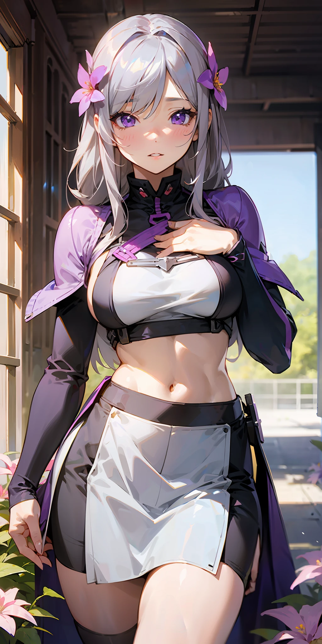 realistic, girl single, gray hair, purple eyes, shining eyes, crop top, skirt, parted lips, blush, flower, sun, sunlight, anime style, --auto --s2