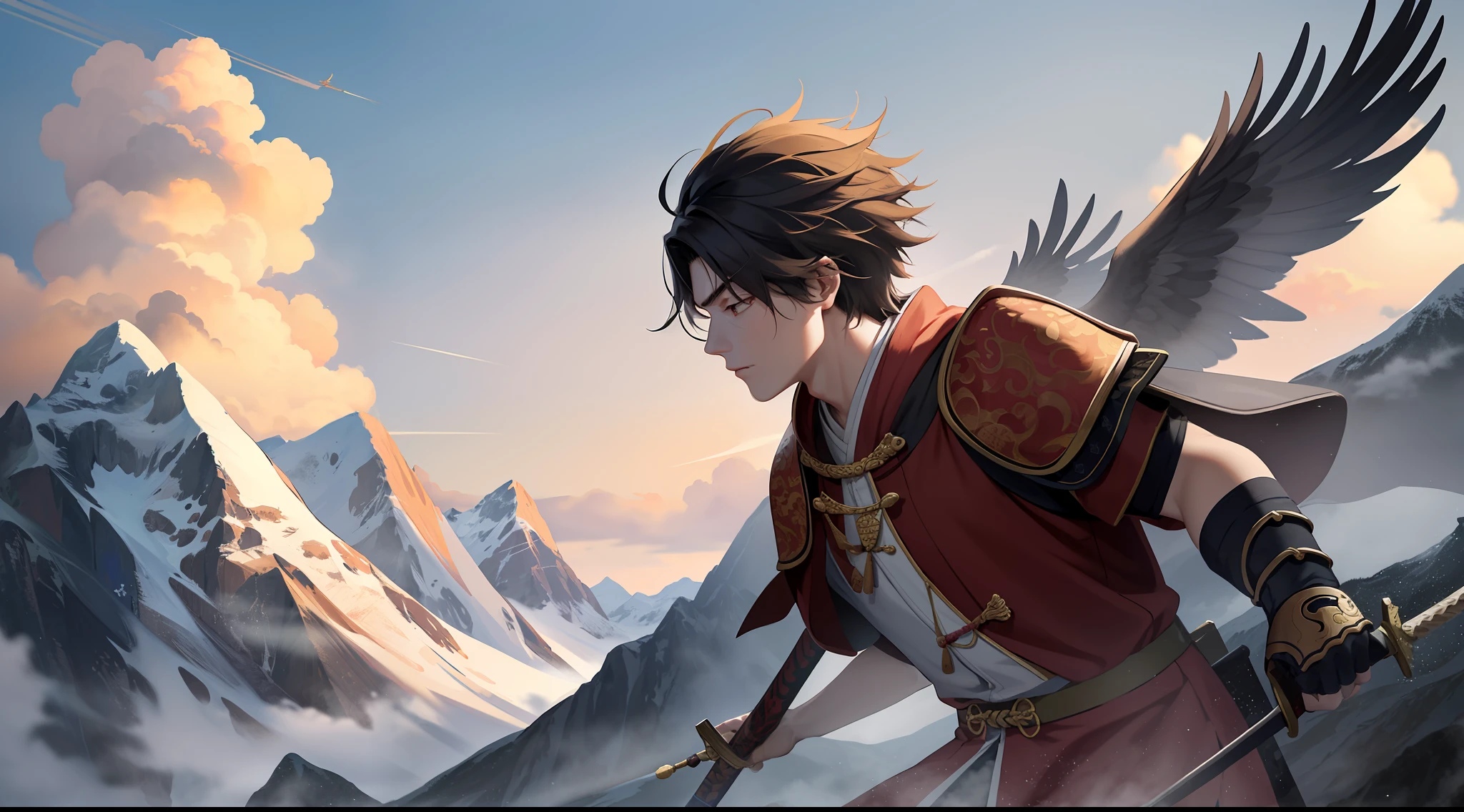Time: Tang Dynasty characters: young, traverser, enemy
Location: Wilderness, Mountain Peak, Clouds
Items: swords, battle robes, corpses
Status/Characteristics: Calmness, Perseverance, Momentum, Strength, Determination, Awe, Admiration