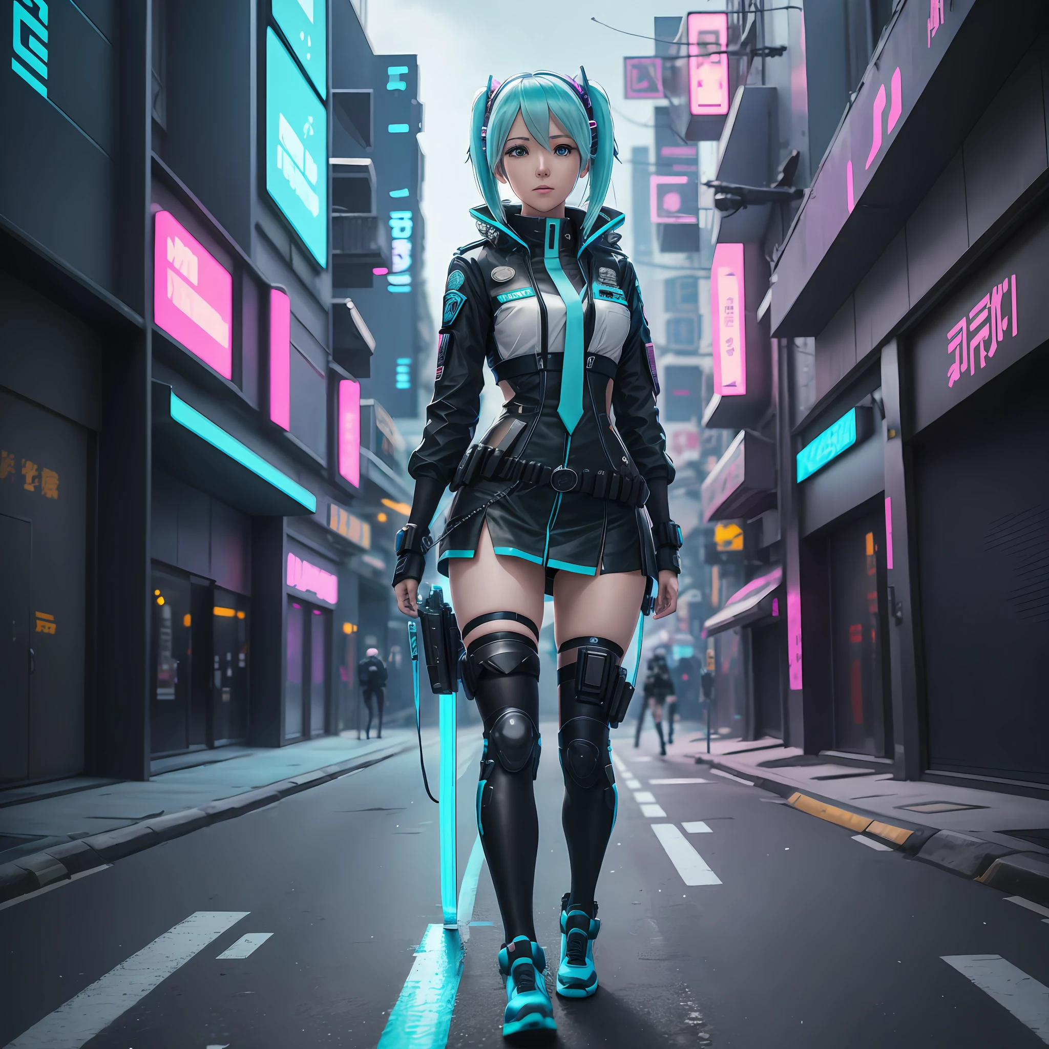 woman in police uniform walking down a street, Hatsune Miku cosplay, female cyberpunk anime girl, cyberpunk anime, cyberpunk anime girl, anime cosplay, cyberpunk girl, anime girl in real life, cyberpunk streets in, cyberpunk style, cyberpunk outfit, has cyberpunk style, oppai cyberpunk, full cosplay --auto --s2