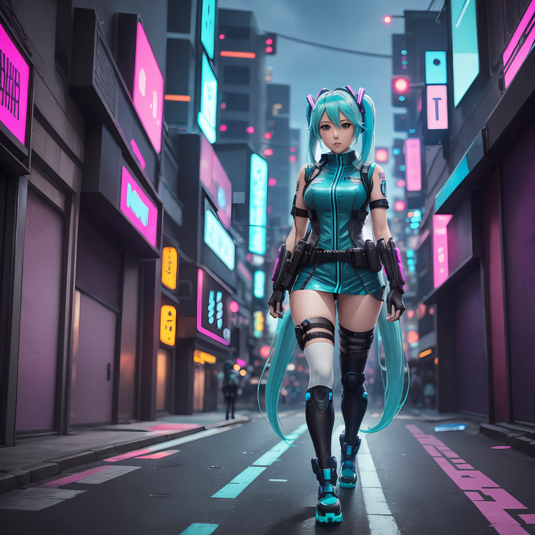 woman in police uniform walking down a street, Hatsune Miku cosplay, female cyberpunk anime girl, cyberpunk anime, cyberpunk anime girl, anime cosplay, cyberpunk girl, anime girl in real life, cyberpunk streets in, cyberpunk style, cyberpunk outfit, has cyberpunk style, oppai cyberpunk, full cosplay --auto --s2