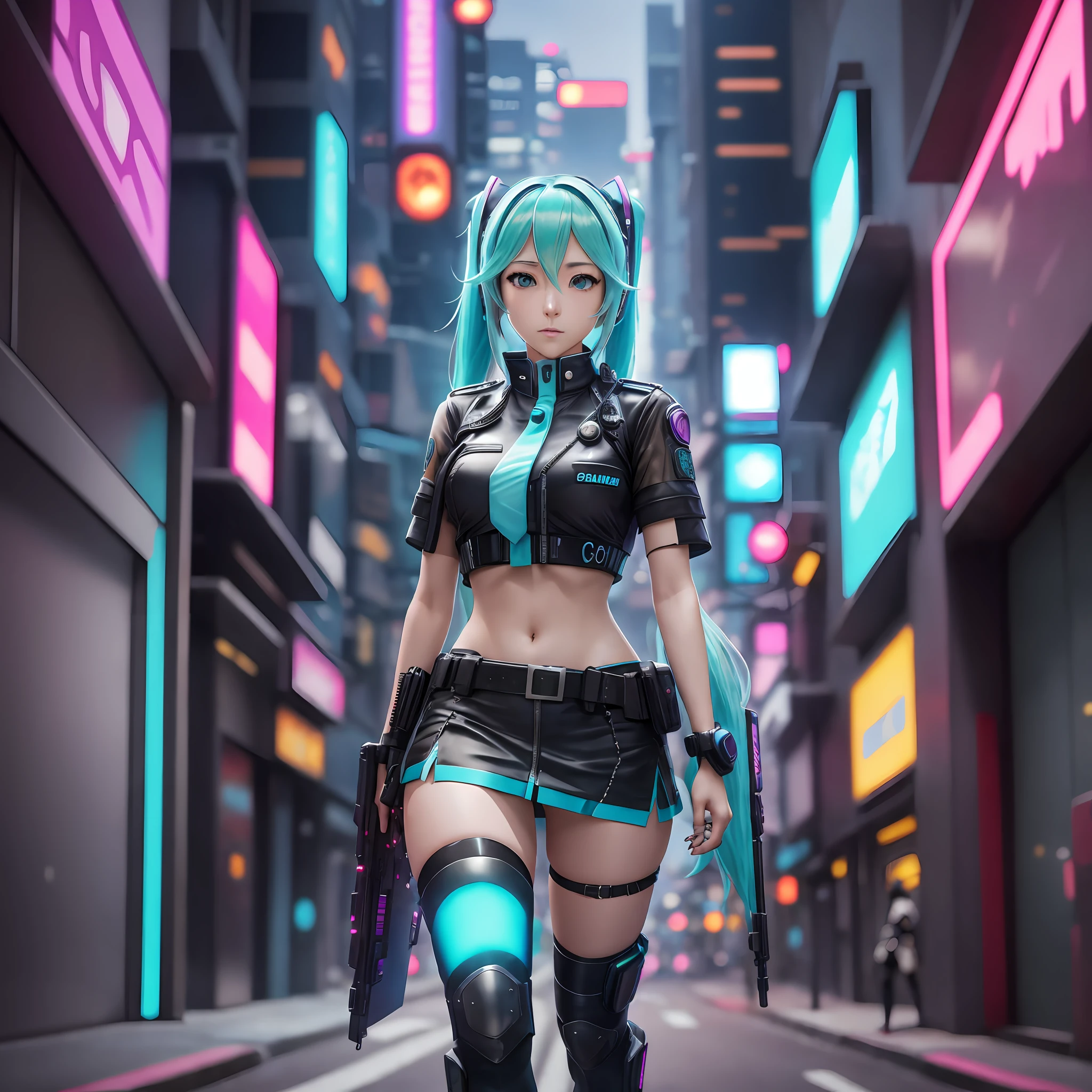 woman in police uniform walking down a street, Hatsune Miku cosplay, female cyberpunk anime girl, cyberpunk anime, cyberpunk anime girl, anime cosplay, cyberpunk girl, anime girl in real life, cyberpunk streets in, cyberpunk style, cyberpunk outfit, has cyberpunk style, oppai cyberpunk, full cosplay --auto --s2