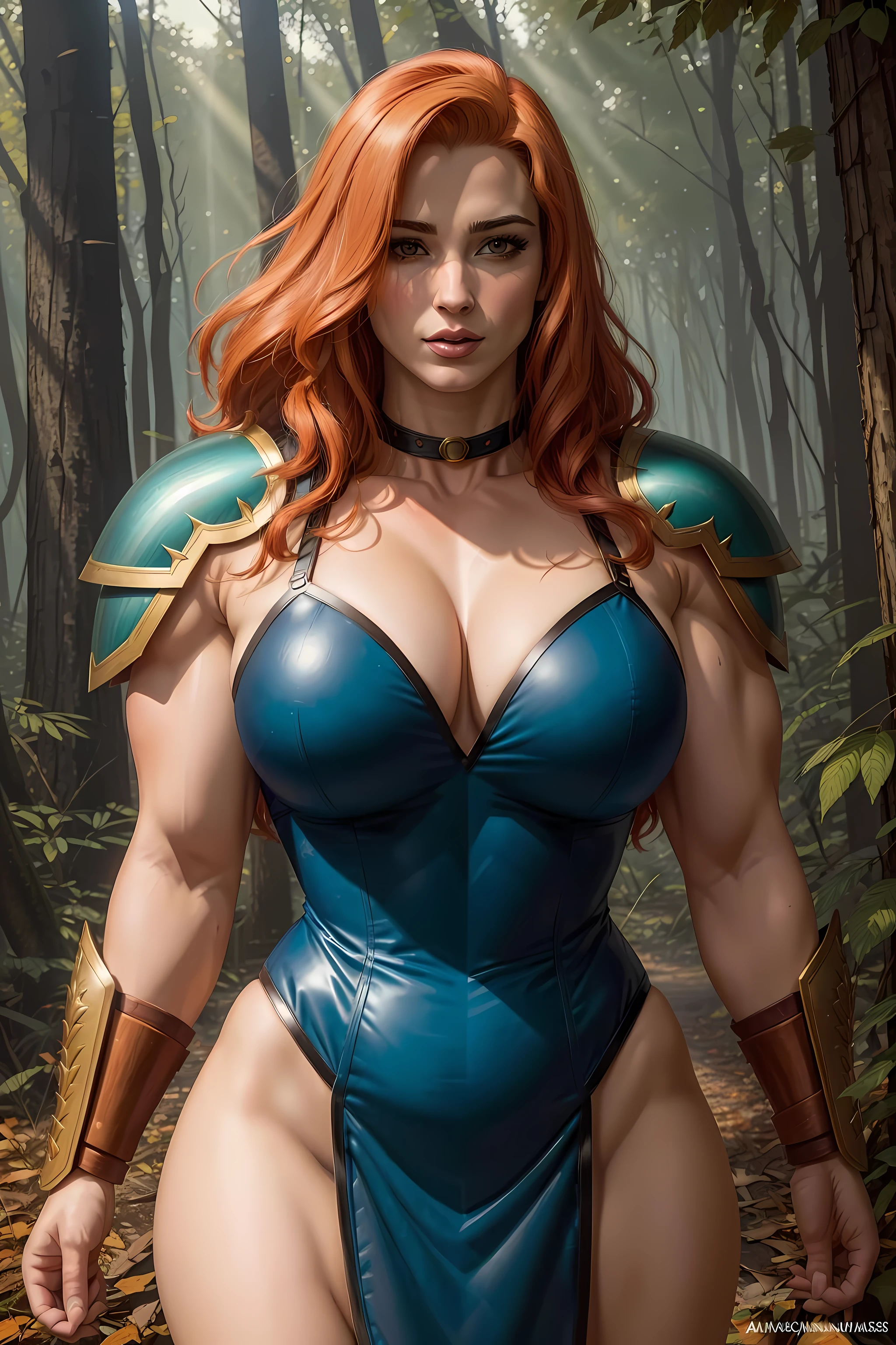 comics style, analog style, illustration, lineart, amazon goddess, sexy armor, vivid colorful hair, pale skin, breasts, barbarian leather armor, choker minidress, savage power, light rays, god rays, furry armor, Jurassic, forest, leaves, muscular, bodybuilder, realistic