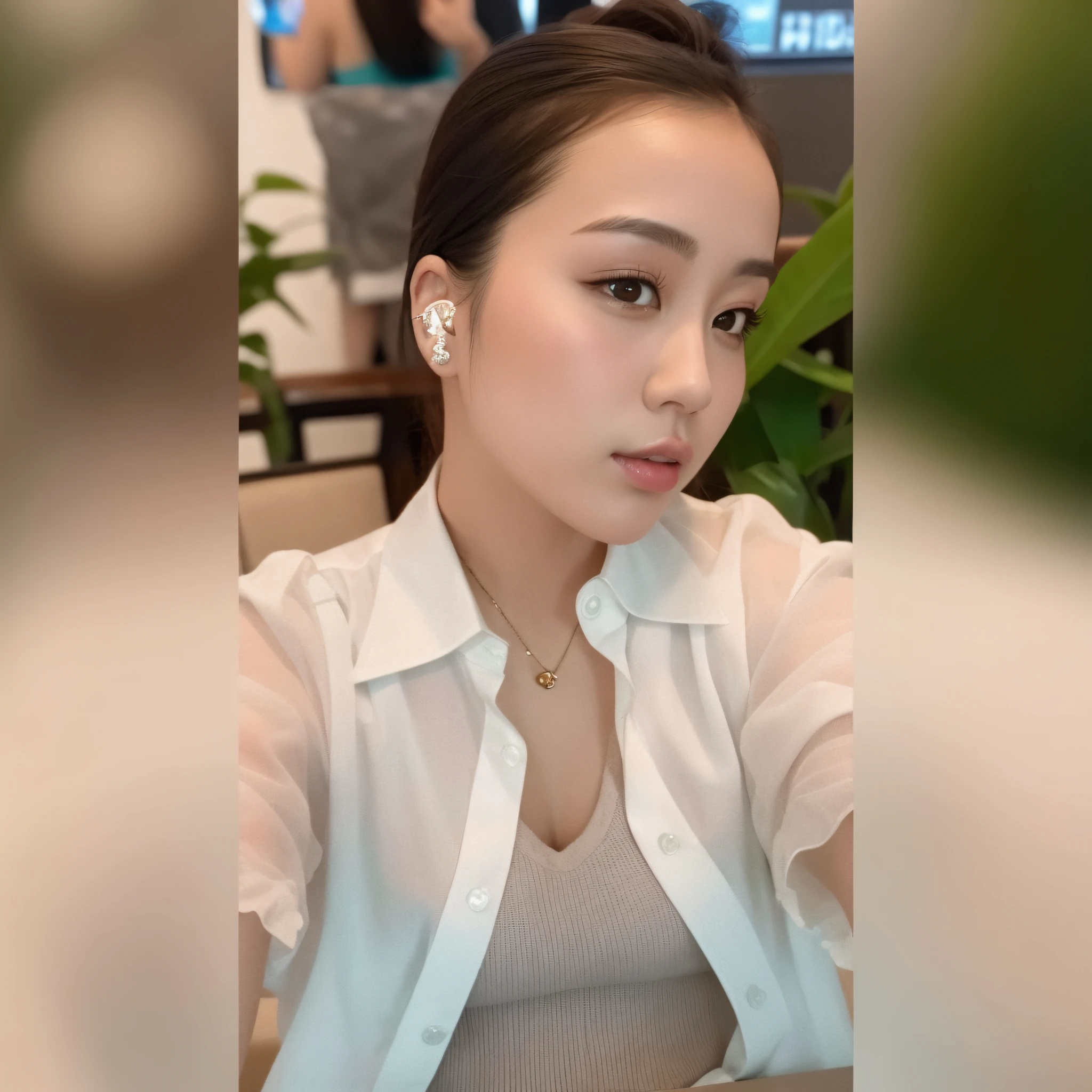 there is a woman sitting at a table with a cell phone in her hand, cindy avelino, dilraba dilmurat, 🤬 🤮 💕 🎀, inspired by Cheng Jiasui, 2 8 years old, leaked photo, 2 7 years old, 2 9 years old, inspired by Ruth Jên, random artist