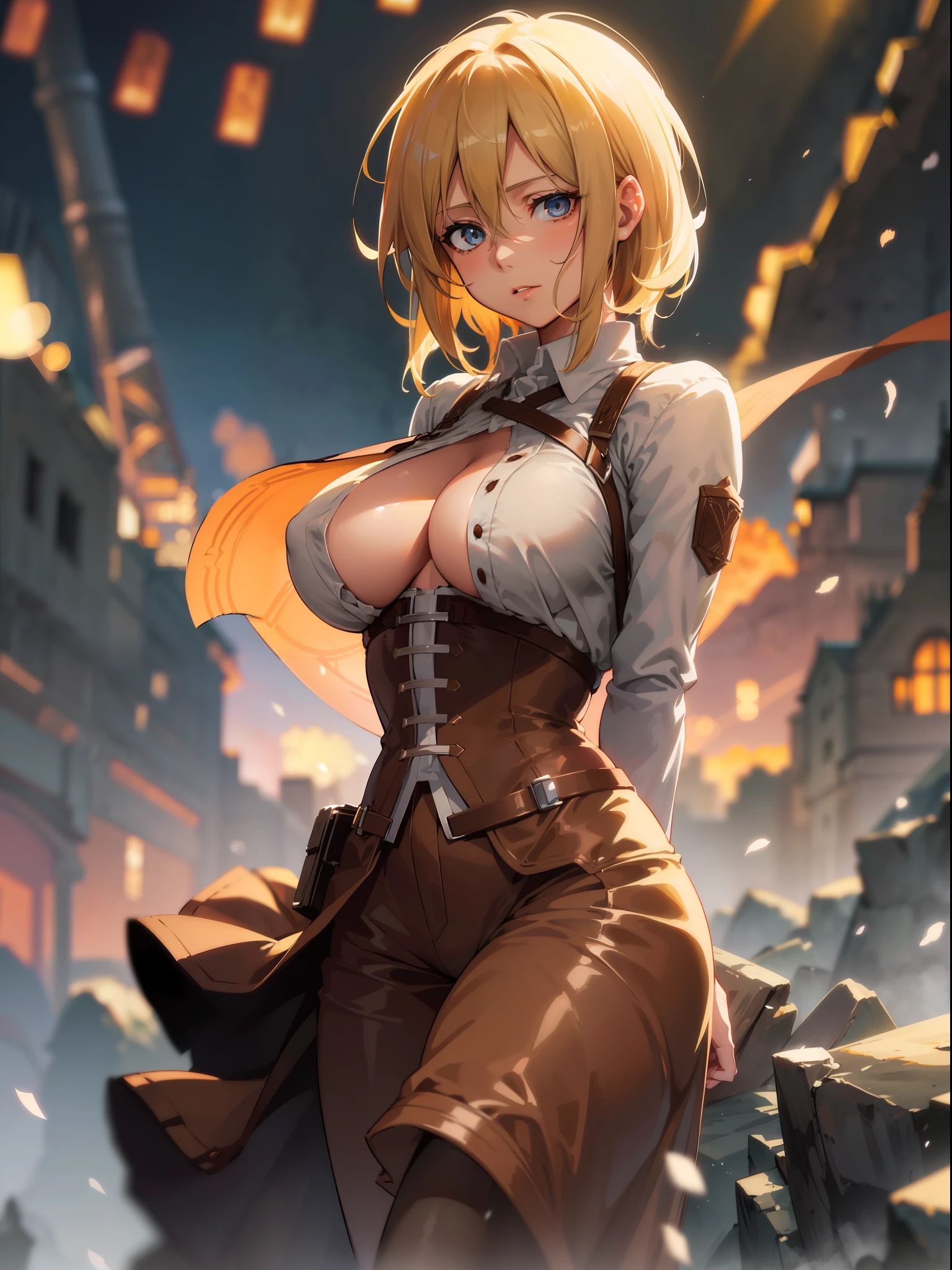 shingeki no kyojin annie leonhardt Anime, ultra brown colour detailed face, large boobs, perfect ass, short cloths, open button, ultra detailed eyes, short blond hair, face view, portrait, full body, posing, soft eyes, soft lips, soft smile, cinematic lighting, bokeh effect beautiful eyes.