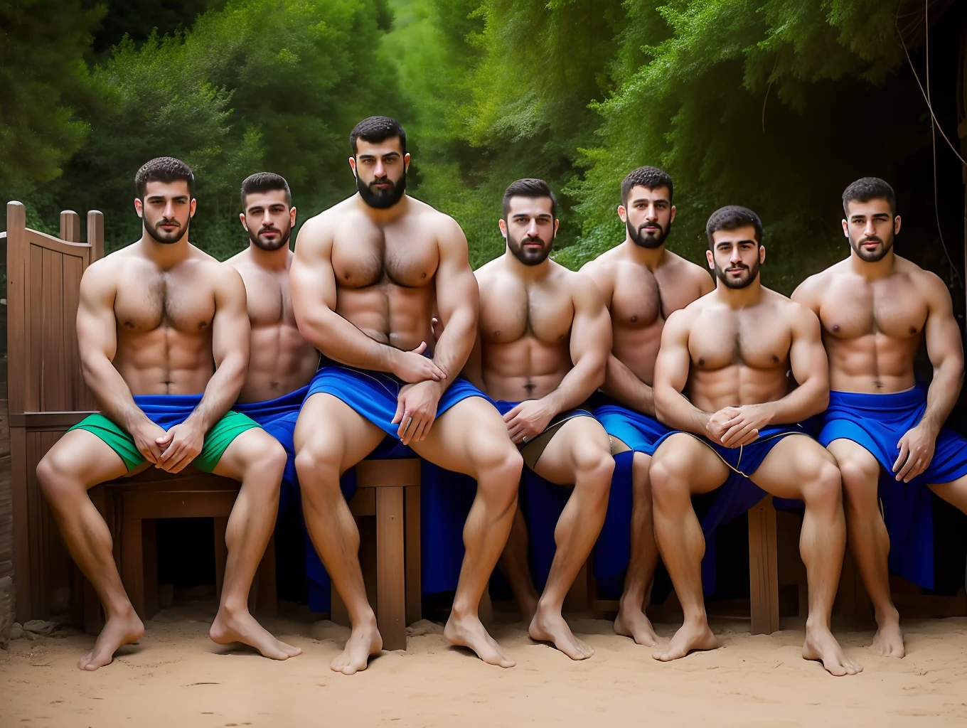 Masterpiece, creat a high resolution Portrait.  Druze 5 family young and mature handsome men in a small village as modern turkish wrestlers, hairy, very masculine men ,traditional, hairy chest,druze village,hefty, wisdome, shirtless, trees, exposed, intimate, slim, modeling, weapons, realistic, extremely dynamic action poses, low angle shot.