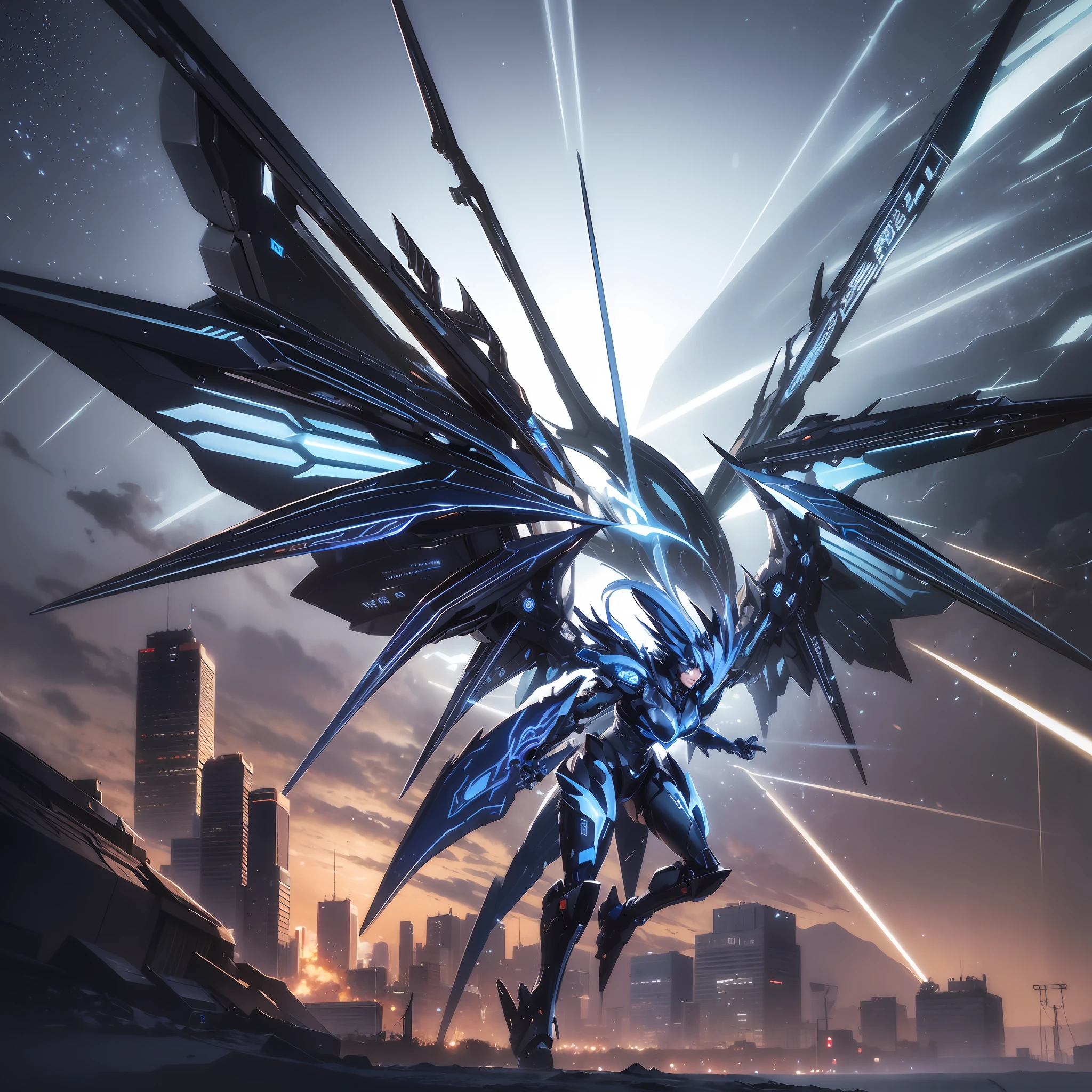 Full body, high maneuverability six-winged angel blue mech, blue eyes, dragon horn, Verism, chiaroscuro, cinematic lighting, backlight, scan line, speed line, UHD, best quality, cyberpunk style blue mech, realism, realism, Unreal engine --auto --s2