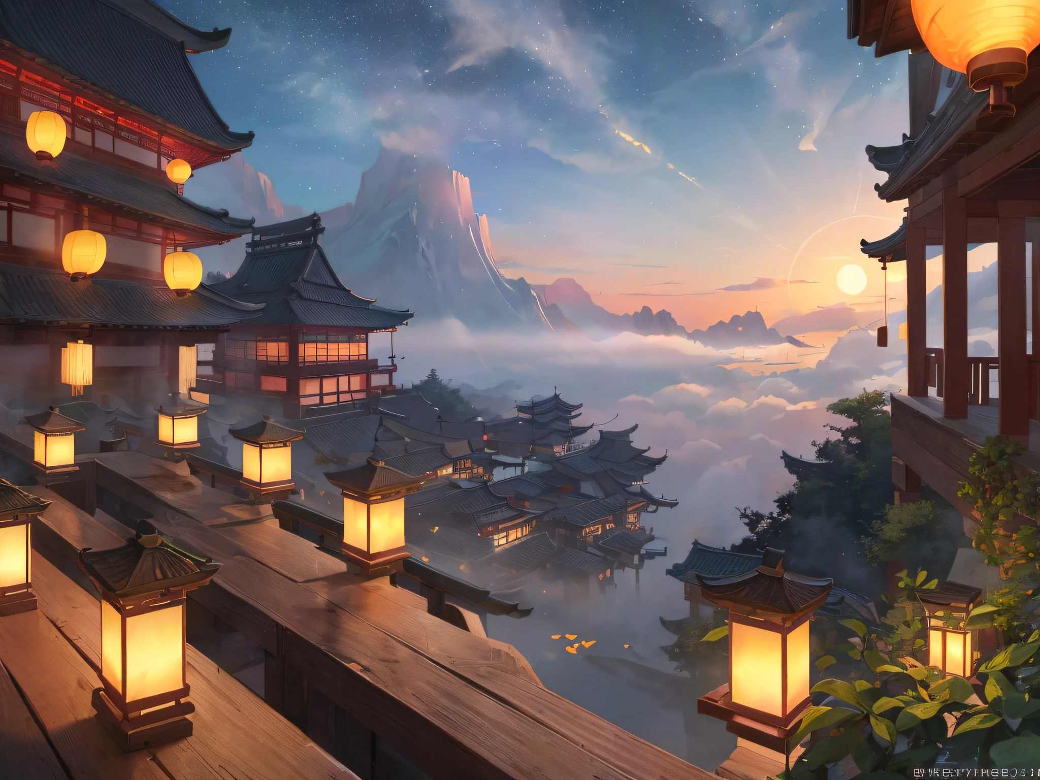 sunset gradient, moonlight night, halo, beautiful light, beautiful shadow, light effect, autumn, ancient Chinese architecture, (very spectacular sea of clouds, volumetric fog: 1.5)), there are many radial Chinese buildings on the floating island, there are many scattered buildings on the high mountains, (huge Taoist incense burner, emitting exquisite and beautiful magical effects), waterfalls pouring down from the island, vast sea of clouds, spectacular waterfalls, a group of buildings, lanterns and sky lanterns floating in the air, high mountains, starry sky, soft colors, refreshing, beautiful, Chinese Landscape Painting, Film Lighting, Fantasy, High Detail, (Close-up), (Chiaroscuro), (Depth of Field), UHD, --v6