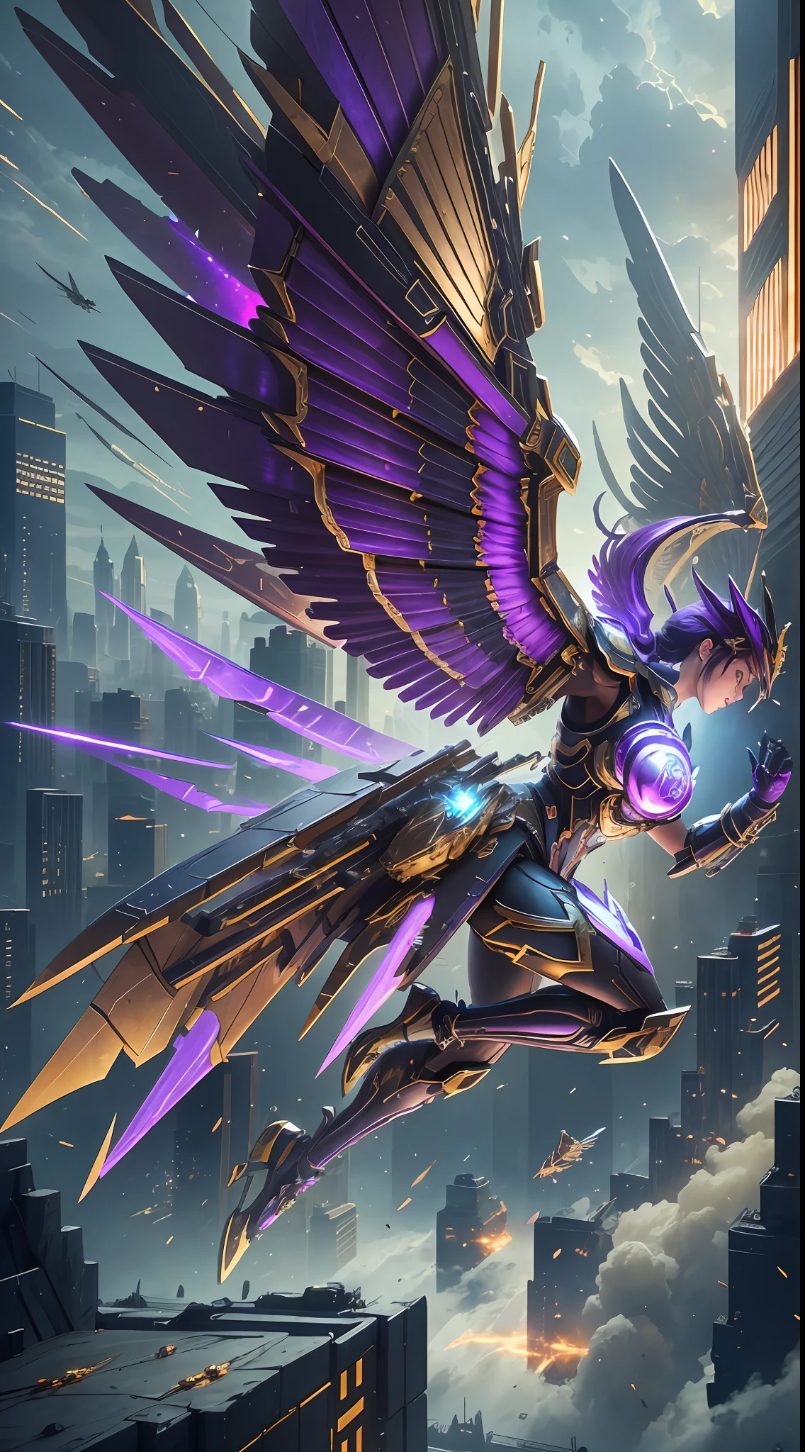Steampunk style, cold tones, cinematic effects, huge sci-fi mecha, purple-gold mecha with strong metallic luster, metallic wings on the back, wings are feathery and layered, holding Fang Tianji, Fang Tianji particle light, Fang Tianji particle special effects, aesthetic, scattered, combat posture, battle posture display, super details, perfect details, 8K, top painting, feature article, studio environment, concept art, epic composition, with HD details, metallic texture and tension composition, hyper-realistic, ultra-realistic, rich in details.3D. C4D,