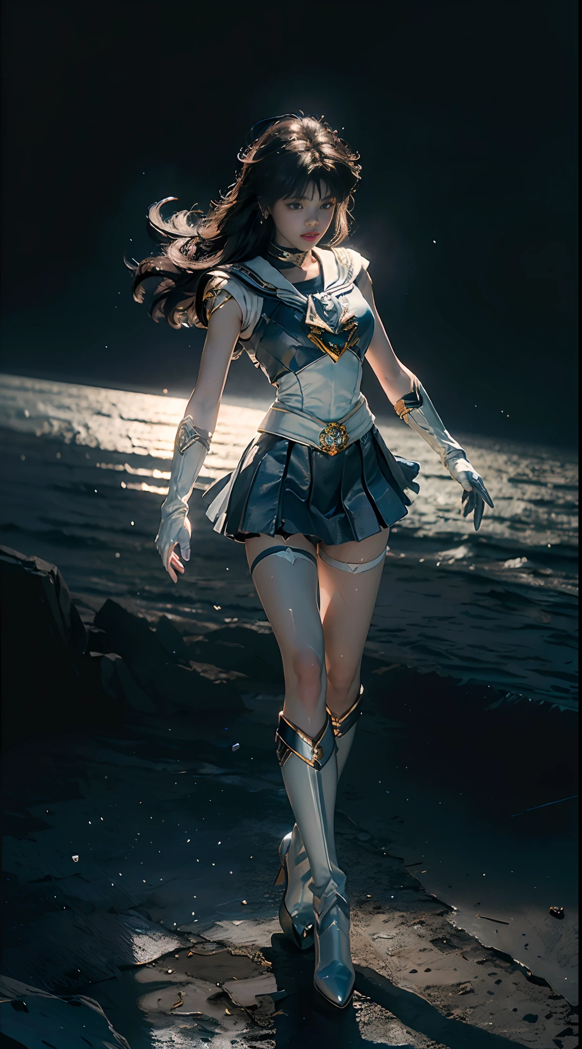 (CG Unity 8K wallpaper with extreme detail, masterpiece, highest quality), (exquisite lighting and shadow, highly dramatic picture, cinematic lens effect), (Sailor Moon: 1.1), double tail, blue eyes, white gloves, mini skirt, dynamic pose), (excellent detail, excellent lighting, wide angle), (excellent rendering and excellent rendering),