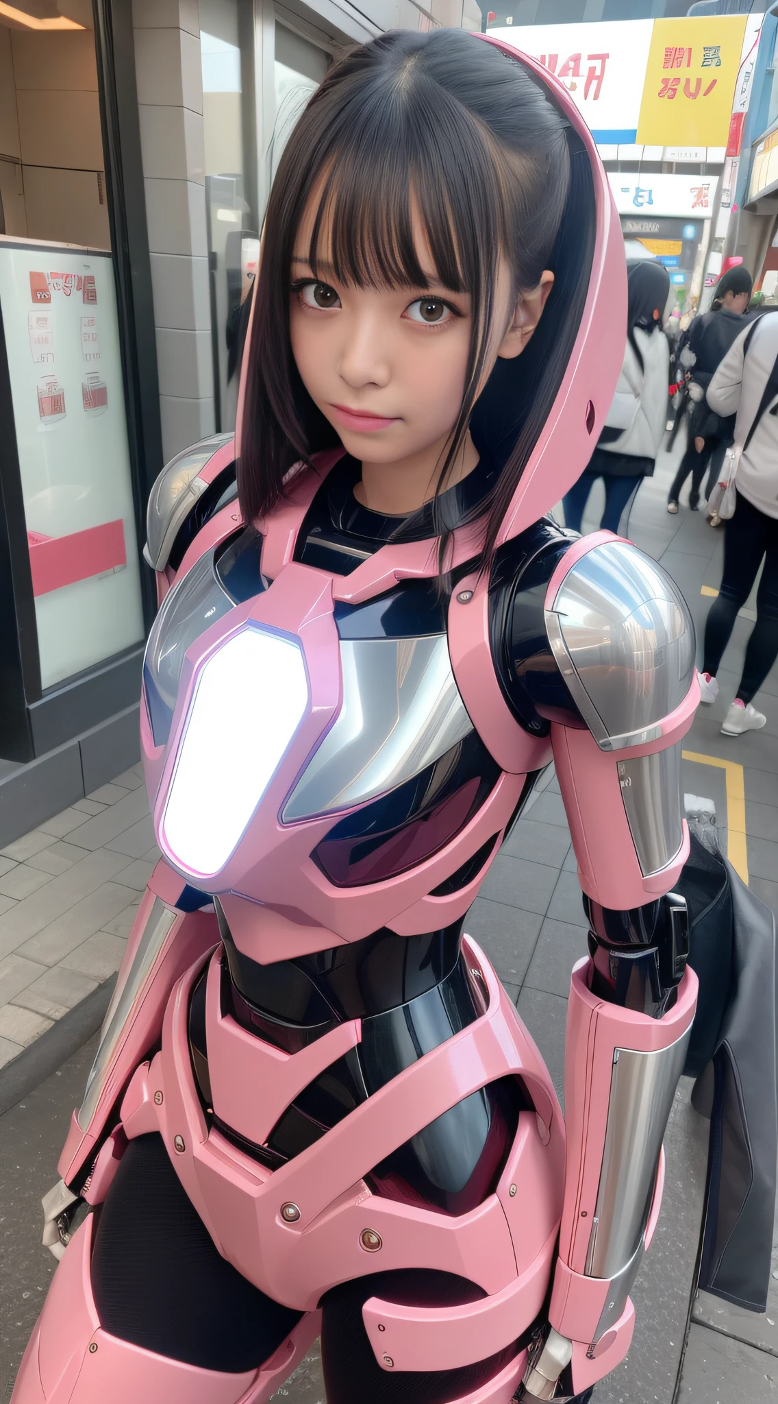 Mecha Girl, Pink, Metallic, Robot Parts, Metal Parts, Super Detailed Face, Super Trimmed Face, Top Quality, Small Face, Full Body, Standing, Black Hair, Thin, Camera Gaze, Internal Mecha Exposure, Idol, Live Action,, 8 Heads, Gravure, Photo Session, Akihabara, Moe, Frontal, Model Body Type, Sad, Embarrassing