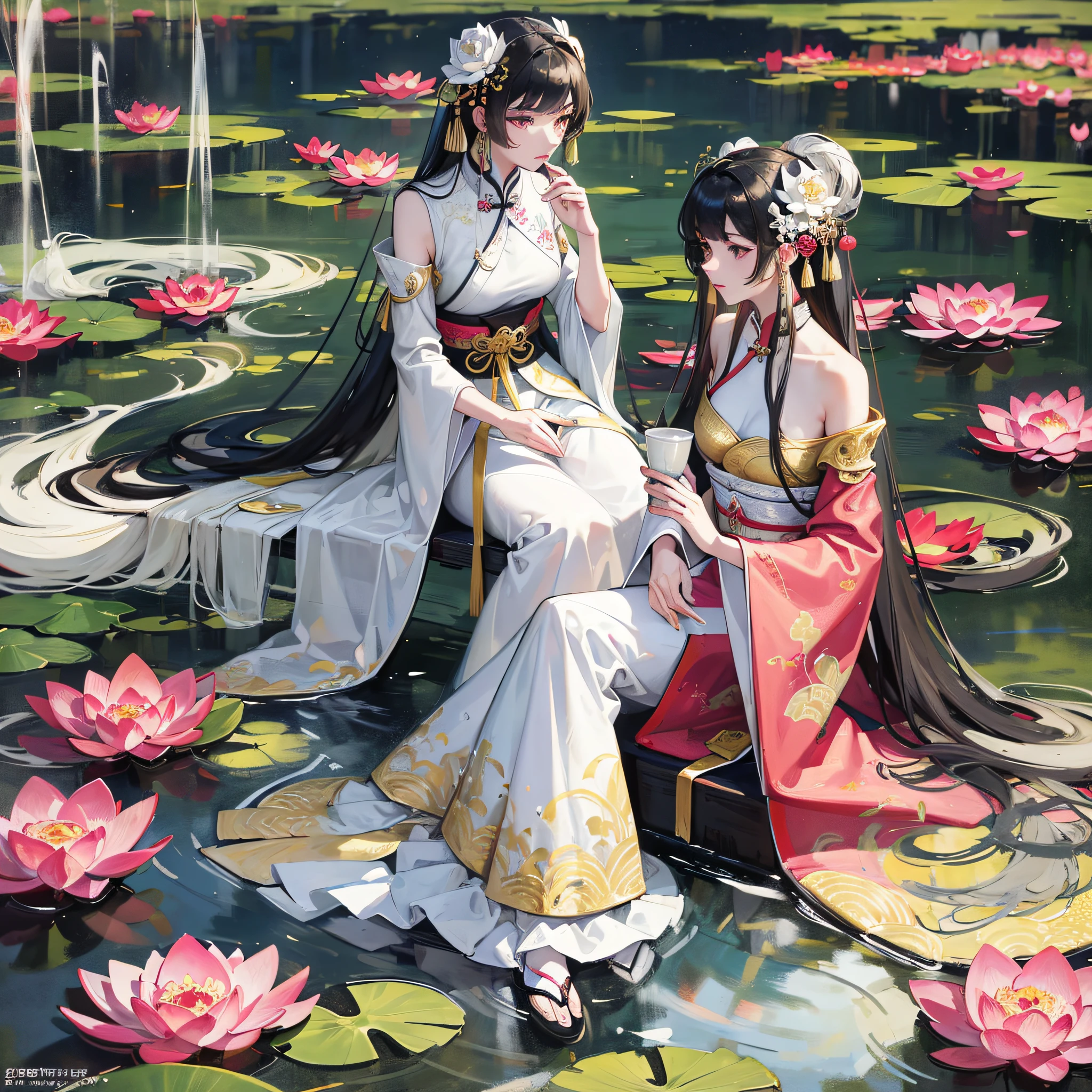 Ancient Chinese beauties sit on stones, wearing ancient chinese clothes, Flowing tulle, Light silk, Lazy posture, Large lotus leaves, lotus flowers, ink painting style, clean colors, Decisive cut, leave it white, freehand, Masterpiece、, is super detailed, epic composition, maximum quality, high quality, 4k --auto --s2