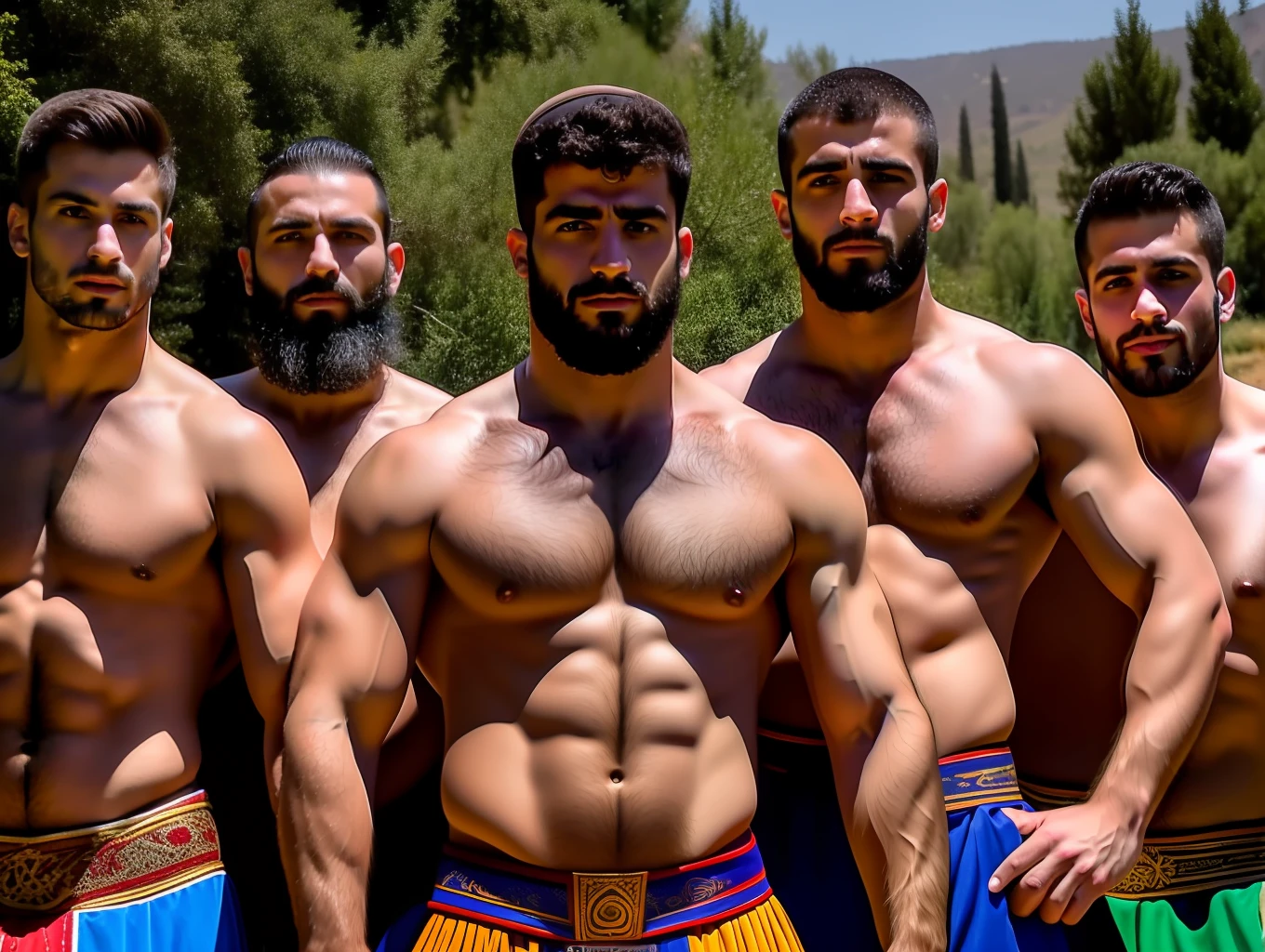 Masterpiece, creat a high resolution Portrait. Druze 5 family young and mature handsome men in a small village as modern turkish wrestlers, hairy, very masculine men ,traditional, hairy chest,druze village,hefty, wisdome, shirtless, trees, exposed, intimate, slim, modeling, weapons, realistic, extremely dynamic action poses, low angle shot.