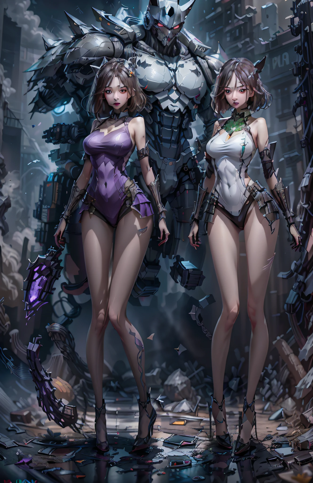 (Best Quality)), ((Masterpiece)), (Very Detailed: 1.3), 3D, Beautiful cyberpunk woman, batman cosplay, sci-fi technology, HDR (High Dynamic Range), ray tracing, nvidia RTX, super resolution, unreal 5, subsurface scattering, PBR texture, post-processing, anisotropic filtering, depth of field, maximum sharpness and sharpness, multi-layer texture, specular and albedo mapping, surface shading, accurate simulation of light-material interactions,  perfect proportions, octane rendering, duotone lighting, low ISO, white balance, rule of thirds, wide aperture, 8K RAW, high efficiency subpixels, subpixel convolution, light particles, light scattering, Tyndall effect, very sexy bikini, full body, battle pose, purple hair with braids,