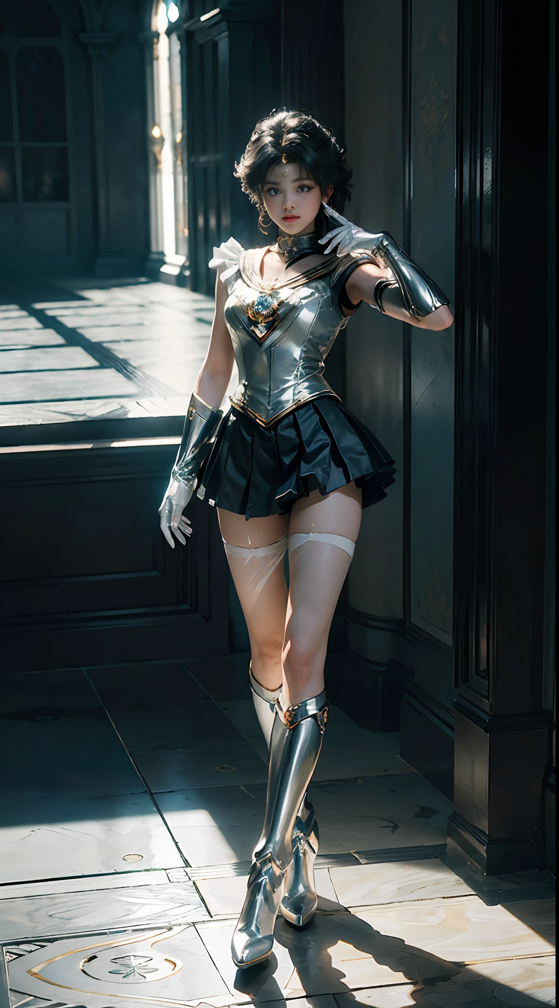 (CG Unity 8K wallpaper with extreme detail, masterpiece, highest quality), (exquisite lighting and shadow, highly dramatic picture, cinematic lens effect), (Sailor Moon: 1.1), double tail, blue eyes, white gloves, mini skirt, dynamic pose), (excellent detail, excellent lighting, wide angle), (excellent rendering and excellent rendering),