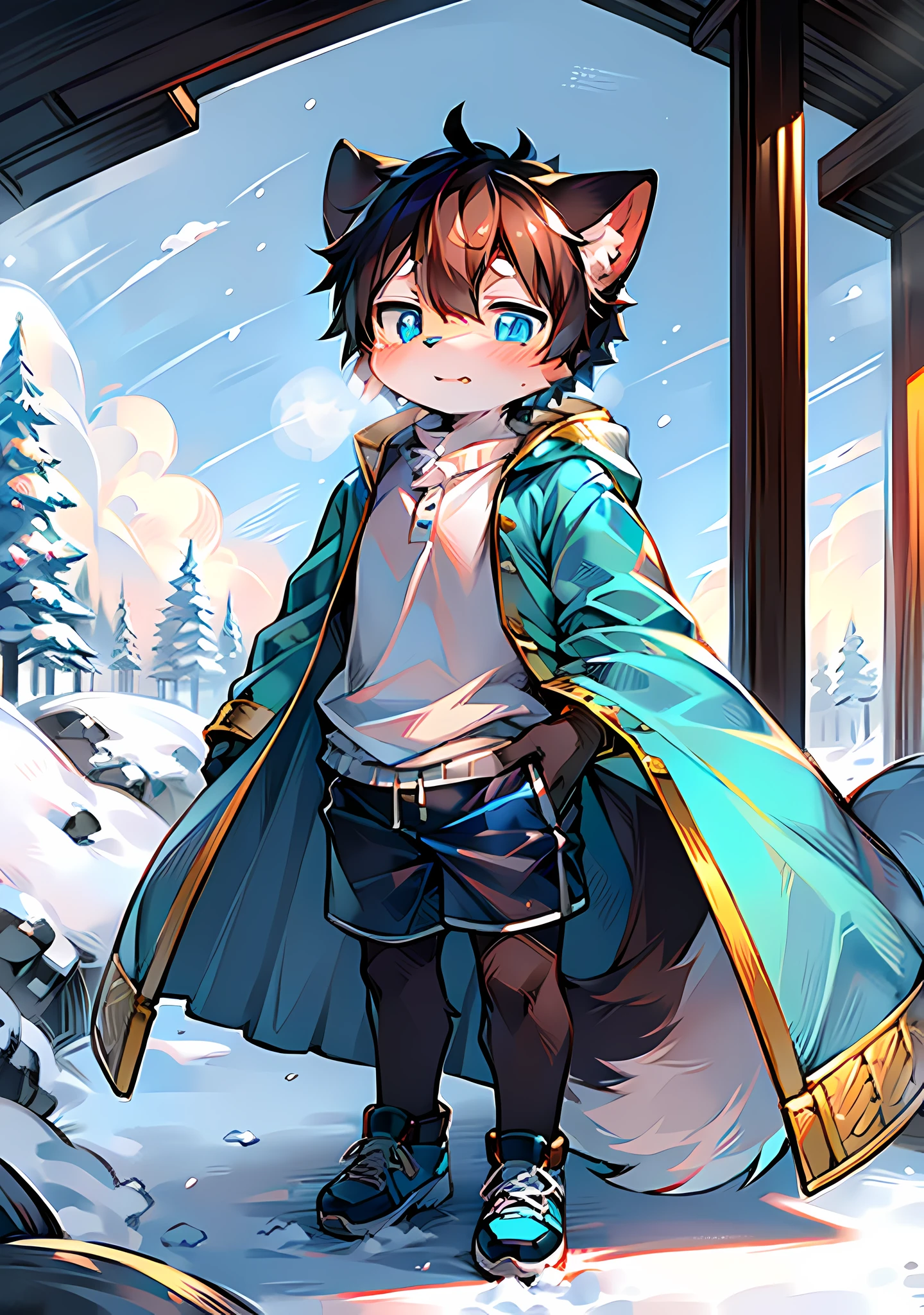 (Snow Environment: 0.8), Masterpiece, High Quality, Abstract Res, Digital Painting\(Artwork\), by Dagasi, Yupa, Kiyosan, (Anthro, Fluffy Fur, Character Focus: 1.1), Anthro Male Cat, Short Hair, Portrait , bright eyes, panorama, character focus. ( Solo, Furry, Furry Male, Cat, Black Fur, Gray Pattern, Blue Coat, Fluffy Shorts, Blue Eyes, Black Hair, Shoes, Wide Coat, White Shirt, Introvert, Silence,