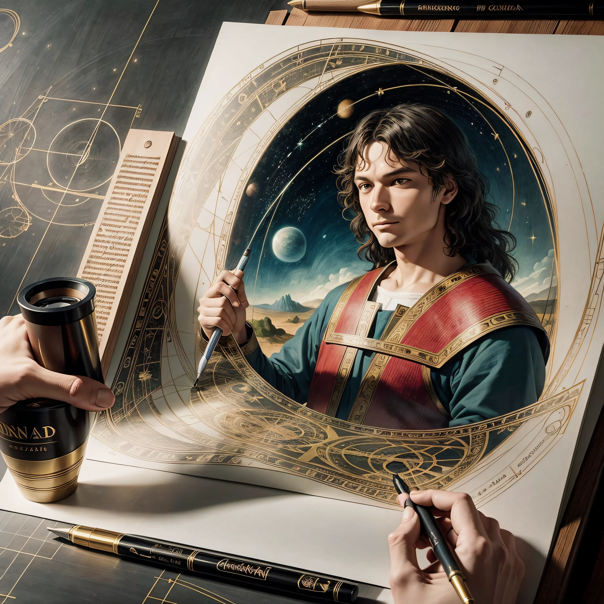 Leonardo drawing the universe as he would imagine it to be --auto --s2