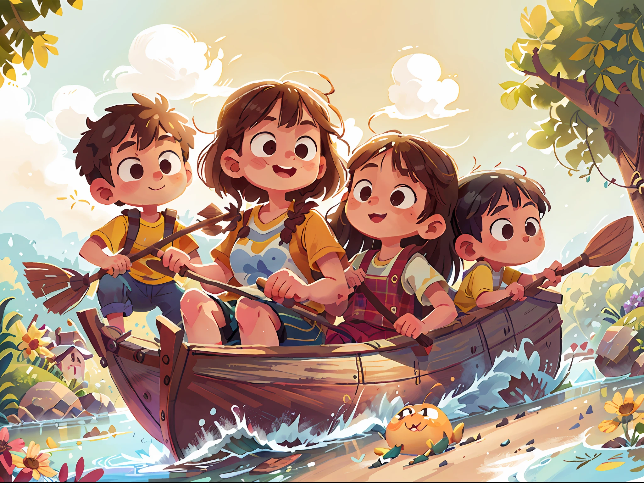 Poster design, (SFW), an adult and a child rowing a boat together, fine facial features, summer, happy, background is interspersed with rivers, perfect quality, clear focus, colorful, perfect face, intricate details, ultra-low viewing angle, wide angle lens