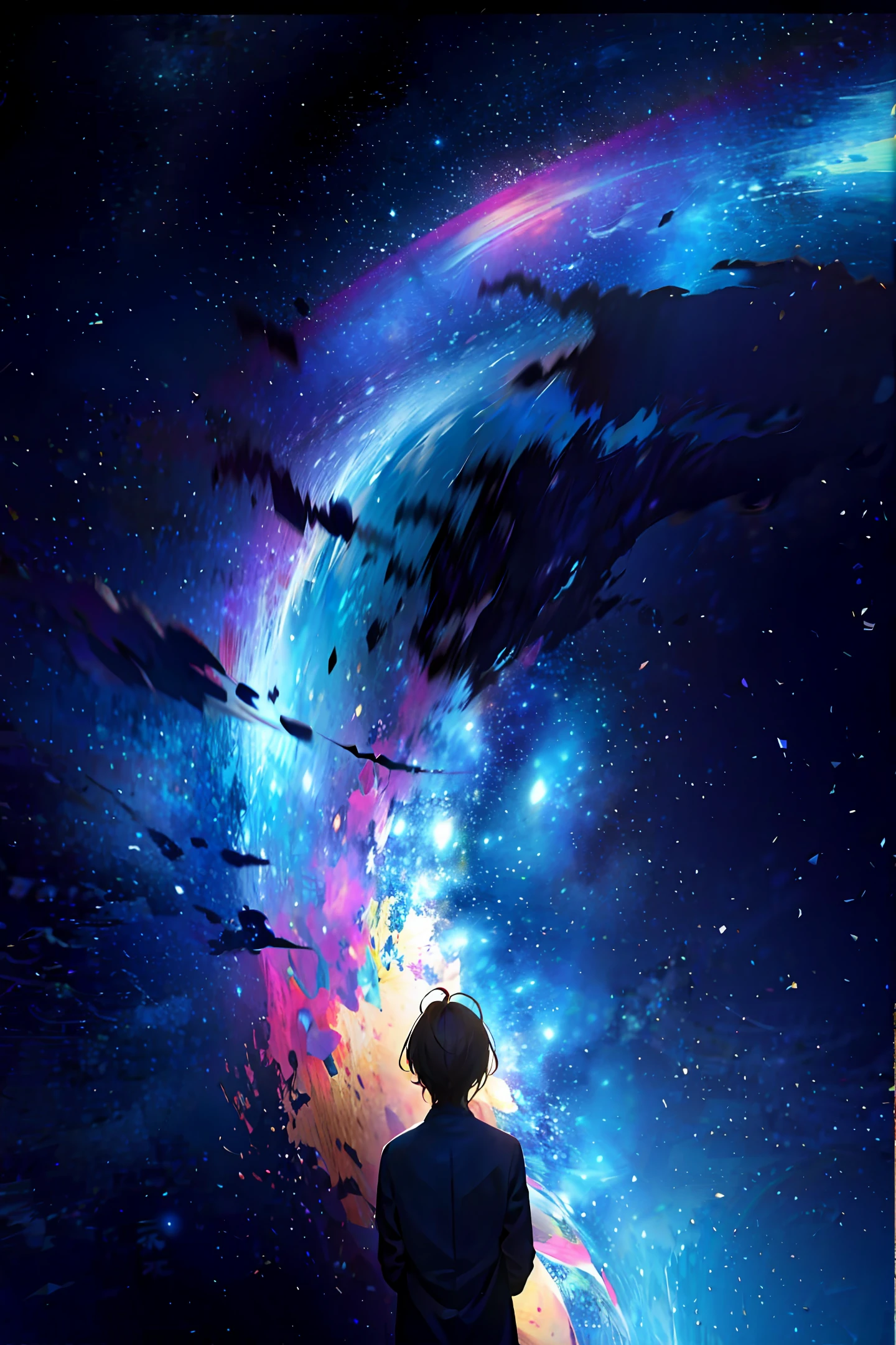 Universe, starry sky, boy, back, small