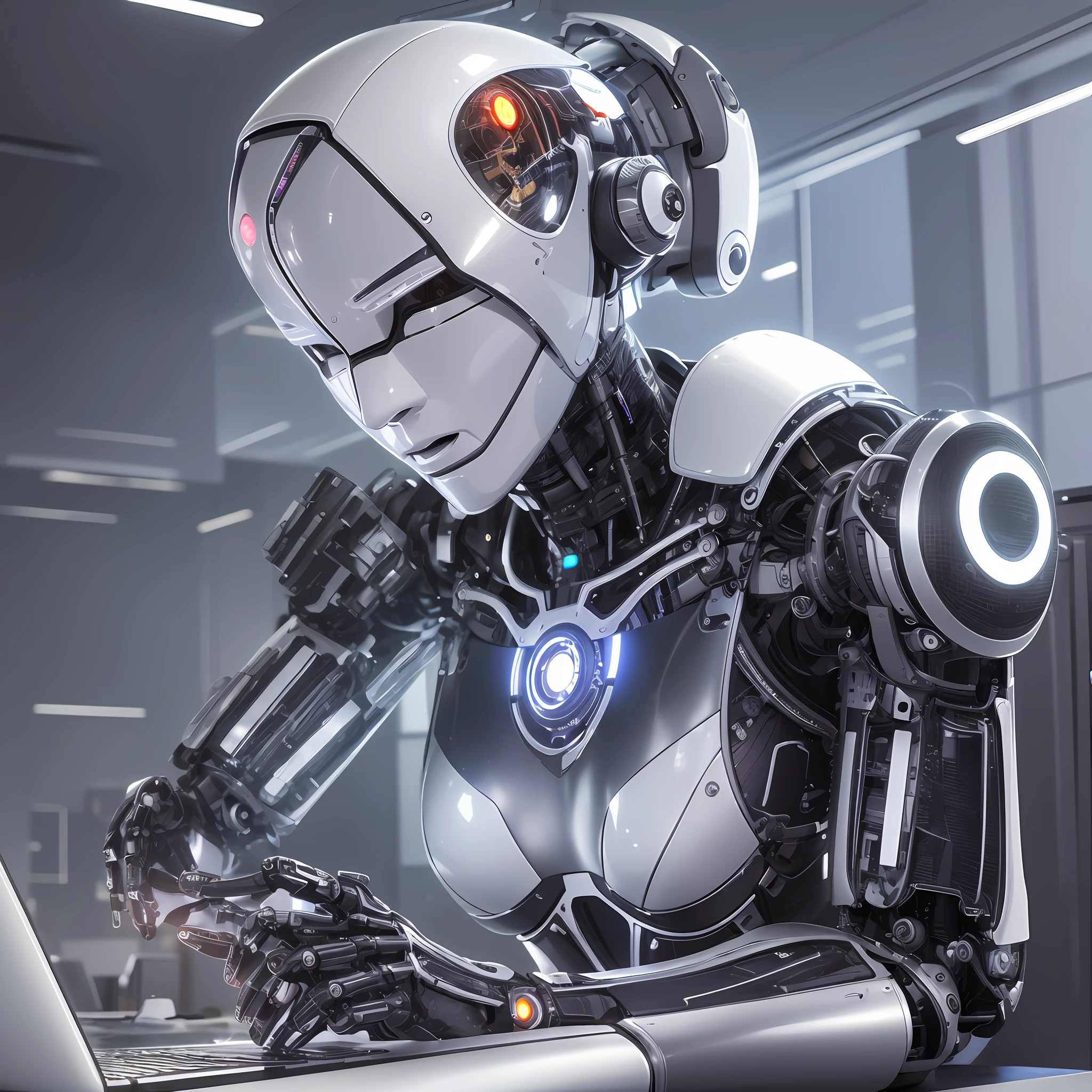 Robot working on a computer, cyborg, Android face, cute background of a futuristic office link studio soft light, rim light, vibrant details, render: high resolution, details, hyper realistic, elegant, highly detailed, intricate details, fog, 8K, extremely sharp lines s --auto --s2