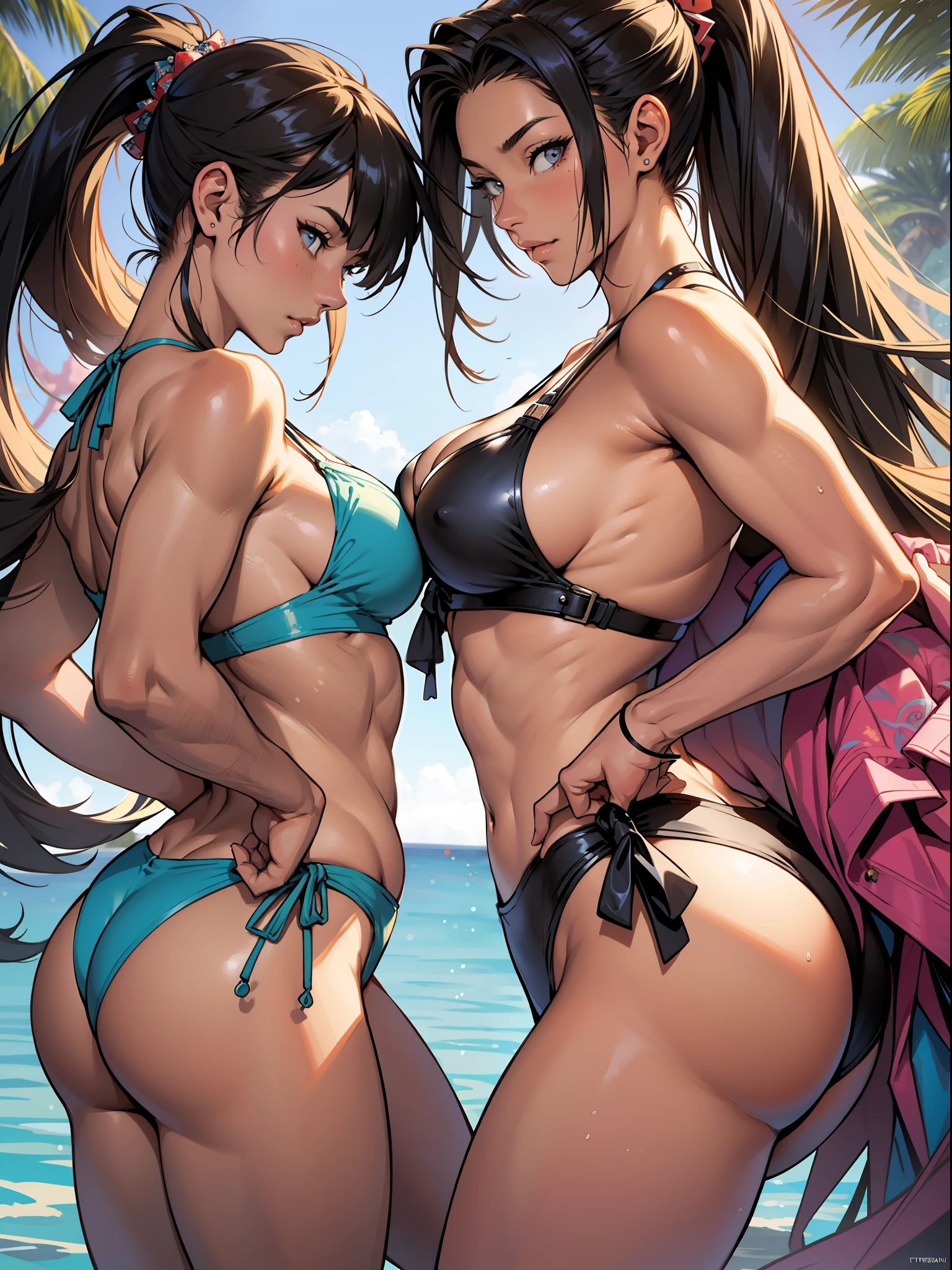Art by Yusuke Murata, a closeup portrait of Latins girl, brilliant background, skimpy bikini, g cup, big woman body, big butt, lovestruck, beside the pool, two 
girl watching each other, elegant face, dynamic pose, digital illustration, ideal anatomy, highly detailed, concept art, smooth, sharp focus, illustration, detailed face, detailed background, no word, no signature, intricate, classy, four fingers and one thumb per hand,