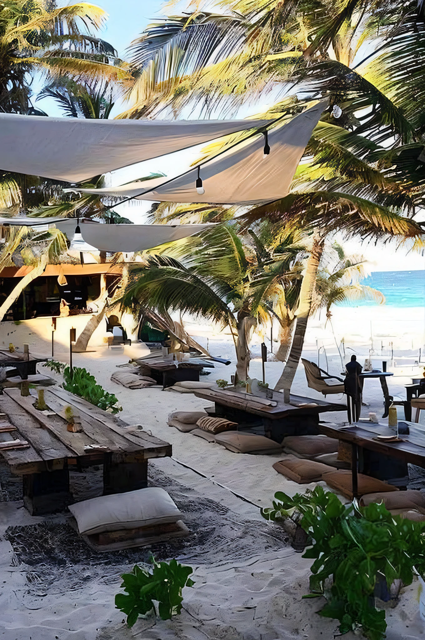 Beach with many tables and chairs under the canopy, beach bar, in beachfront setting, beach environment, pleasant cozy atmosphere, close to the beach, wonderful masterpiece, cozy atmosphere, beautiful environment, sea in the distance in the background, outdoor environment, summer, summer dawn, cozy environment, dining table in the background, palm and coconut tree environment, rustic environment