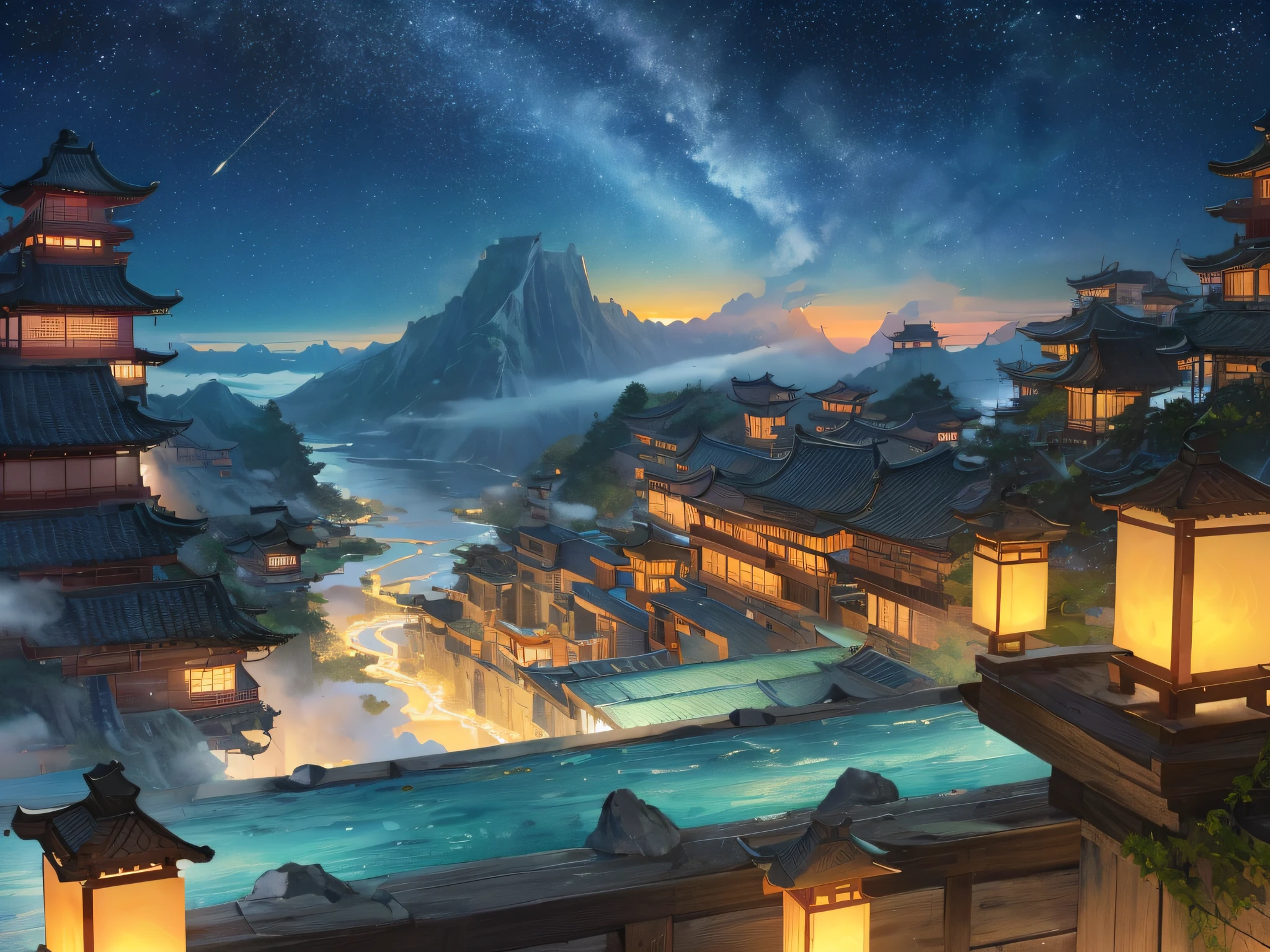 sunset gradient, moonlight night, halo, beautiful light, beautiful shadow, light effect, autumn, ancient Chinese architecture, (very spectacular sea of clouds, volumetric fog: 1.5)), there are many radial Chinese buildings on the floating island, there are many scattered buildings on the high mountains, (huge Taoist incense burner, emitting exquisite and beautiful magical effects), waterfalls pouring down from the island, vast sea of clouds, spectacular waterfalls, a group of buildings, lanterns and sky lanterns floating in the air, high mountains, starry sky, soft colors, refreshing, beautiful, Chinese Landscape Painting, Film Lighting, Fantasy, High Detail, (Close-up), (Chiaroscuro), (Depth of Field), UHD, --v6