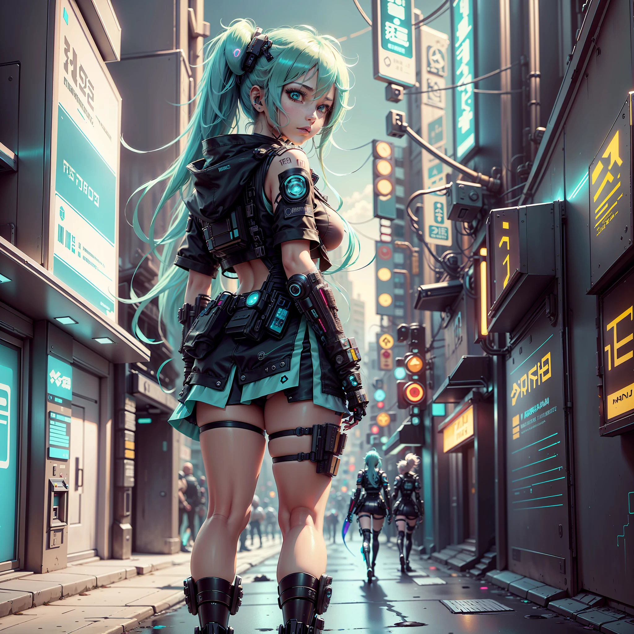 woman in police uniform walking down a street, Hatsune Miku cosplay, female cyberpunk anime girl, cyberpunk anime, cyberpunk anime girl, anime cosplay, cyberpunk girl, anime girl in real life, cyberpunk streets in, cyberpunk style, cyberpunk outfit, has cyberpunk style, oppai cyberpunk, full cosplay --auto --s2