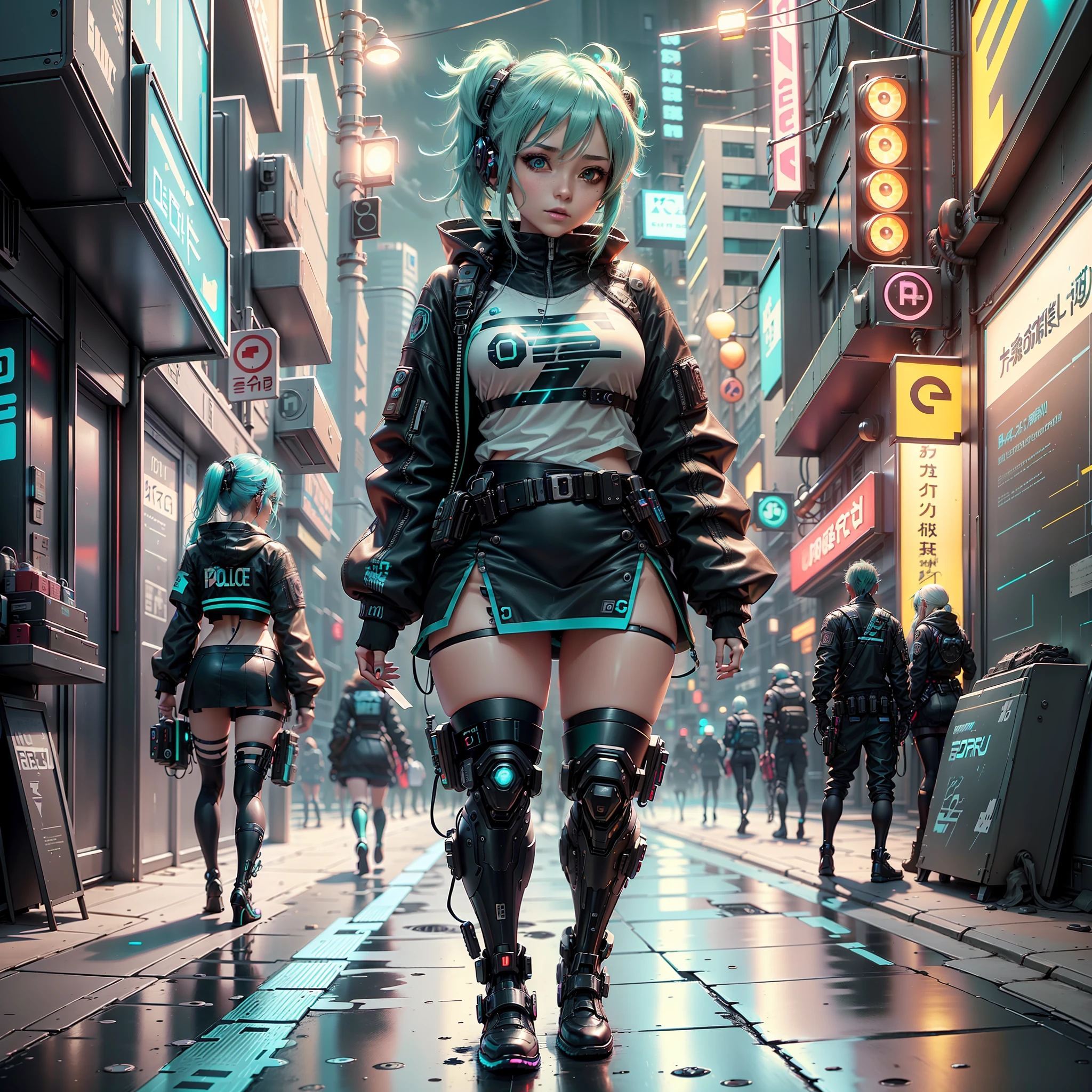 woman in police uniform walking down a street, Hatsune Miku cosplay, female cyberpunk anime girl, cyberpunk anime, cyberpunk anime girl, anime cosplay, cyberpunk girl, anime girl in real life, cyberpunk streets in, cyberpunk style, cyberpunk outfit, has cyberpunk style, oppai cyberpunk, full cosplay --auto --s2