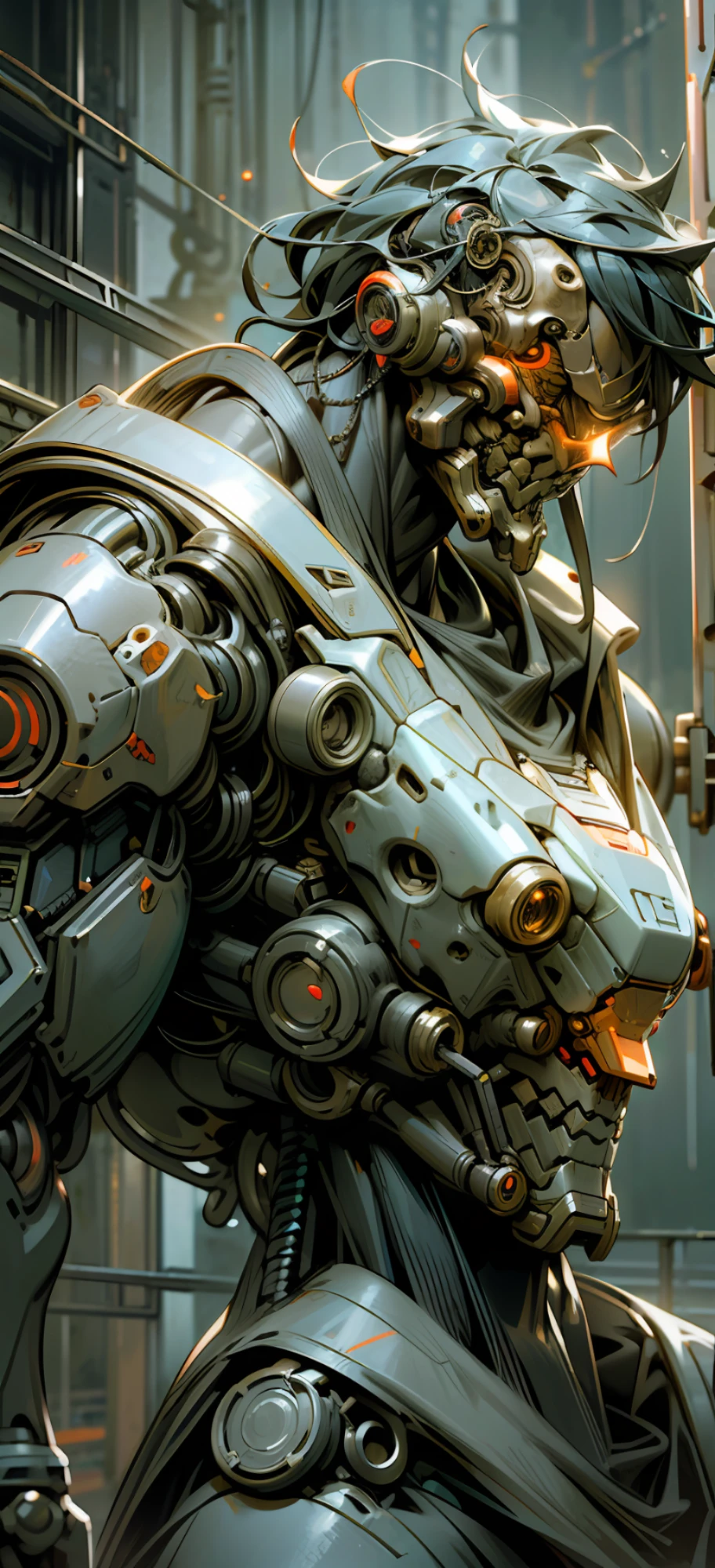 Dark_Fantasy,Cyberpunk,(chain saw,chain saw man,Red:1.1),1man,Mechanical marvel,Robotic presence,Cybernetic guardian, wearing a worn-out mech suit, intricate, (steel metal [rusty]), elegant, clear focus, shot by greg rutkowski, soft lighting, vibrant colors, masterpiece, ((street)), cowboy shot, dynamic pose,