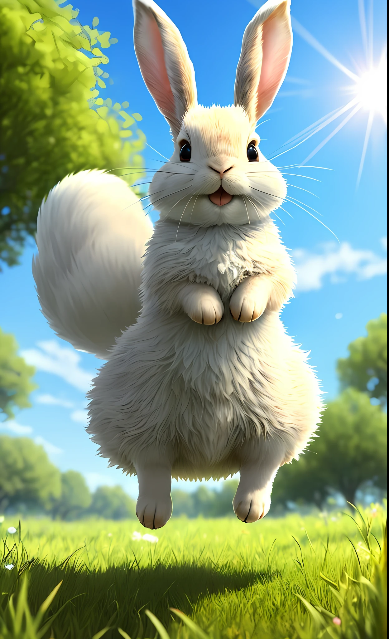 ((masterpiece, best quality)), soil, animal ears, fluffy rabbit, rabbit ears, jumping, grass, outdoor, full body, animal, sunlight, dappled, daytime, depth of field --v6